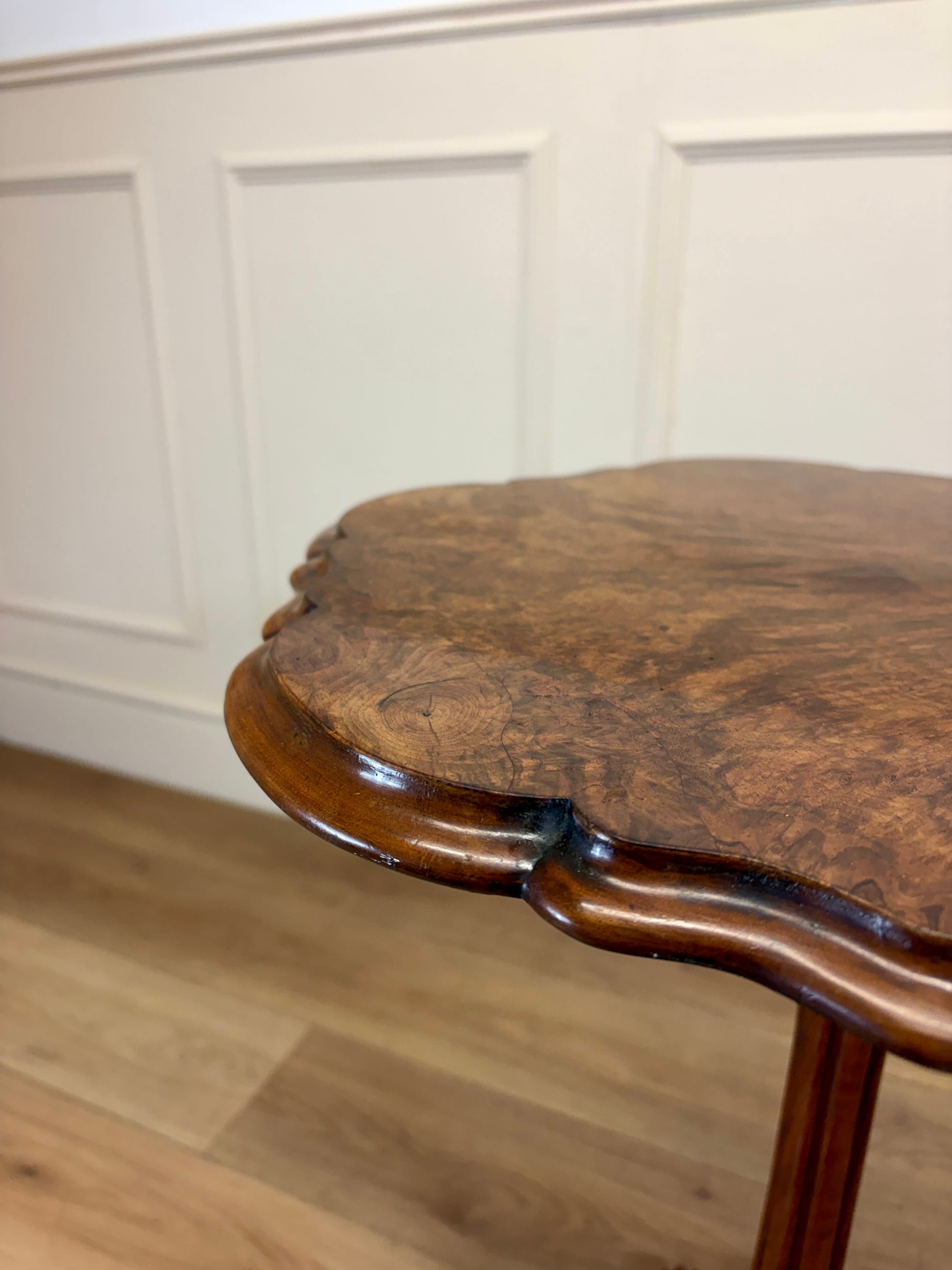Antique Victorian burr walnut lamp table with tripod base and scroll feet