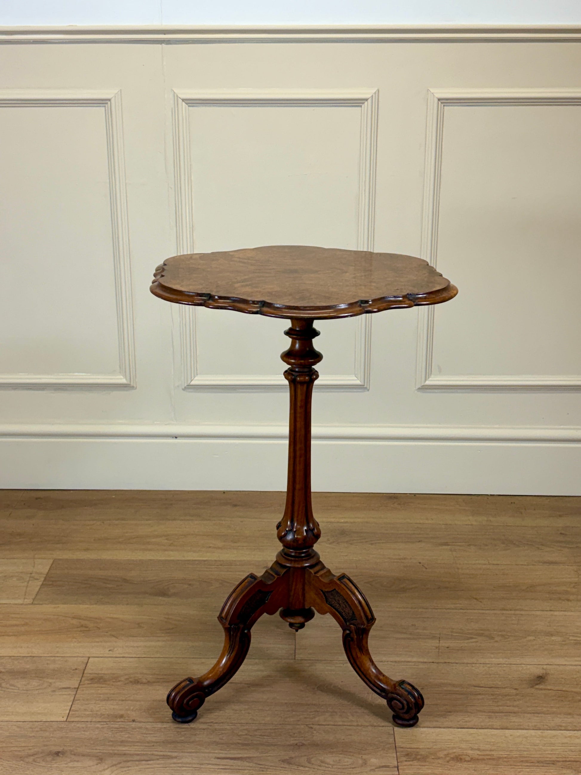 Antique Victorian burr walnut lamp table with tripod base and scroll feet