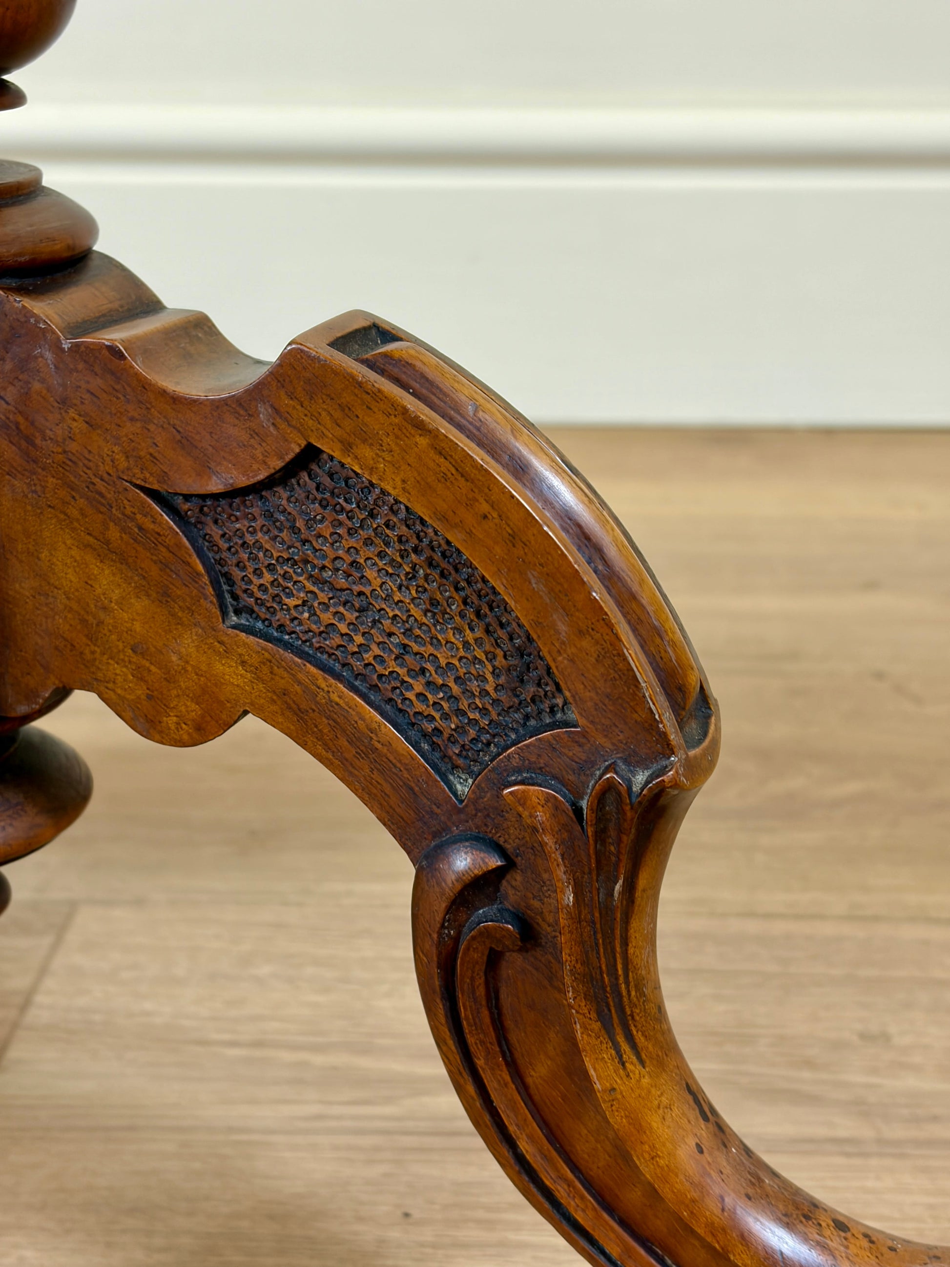 Antique Victorian burr walnut lamp table with tripod base and scroll feet