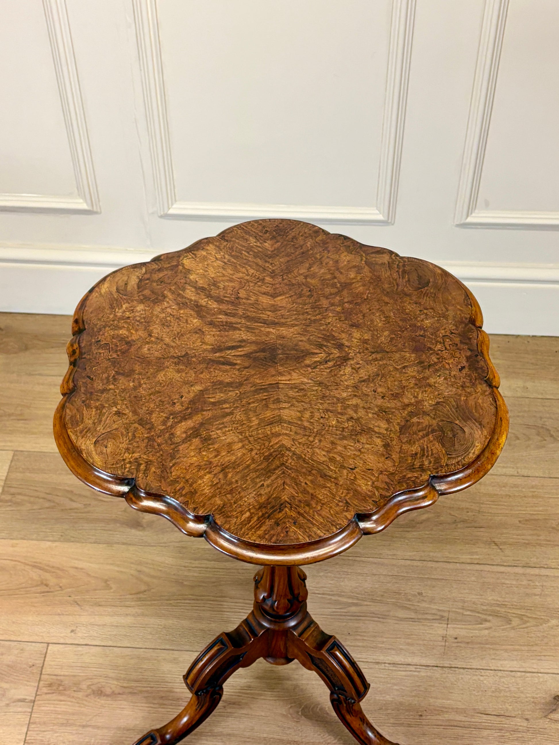 Antique Victorian burr walnut lamp table with tripod base and scroll feet
