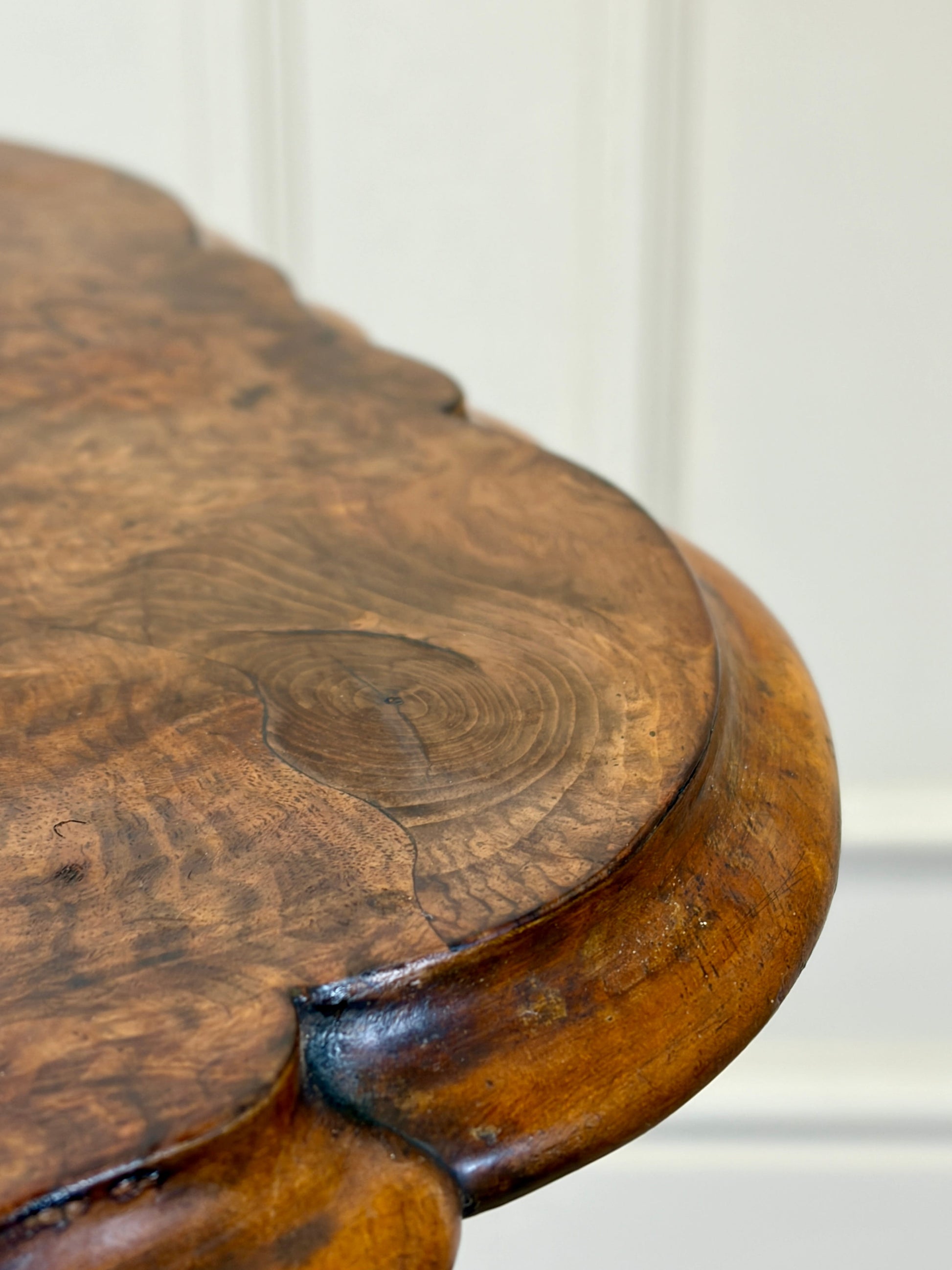 Antique Victorian burr walnut lamp table with tripod base and scroll feet