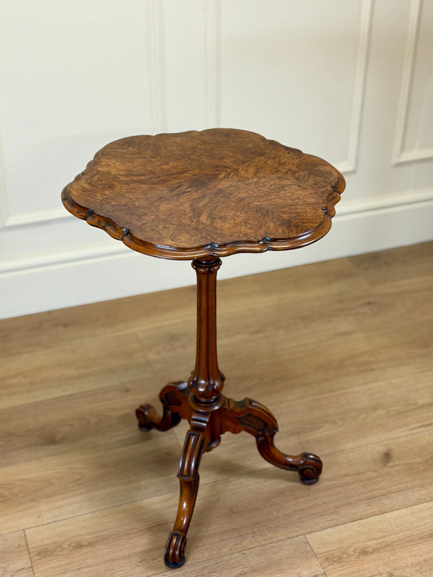 Antique Victorian burr walnut lamp table with tripod base and scroll feet