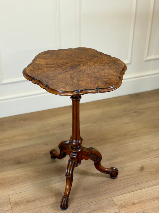 Antique Victorian burr walnut lamp table with tripod base and scroll feet