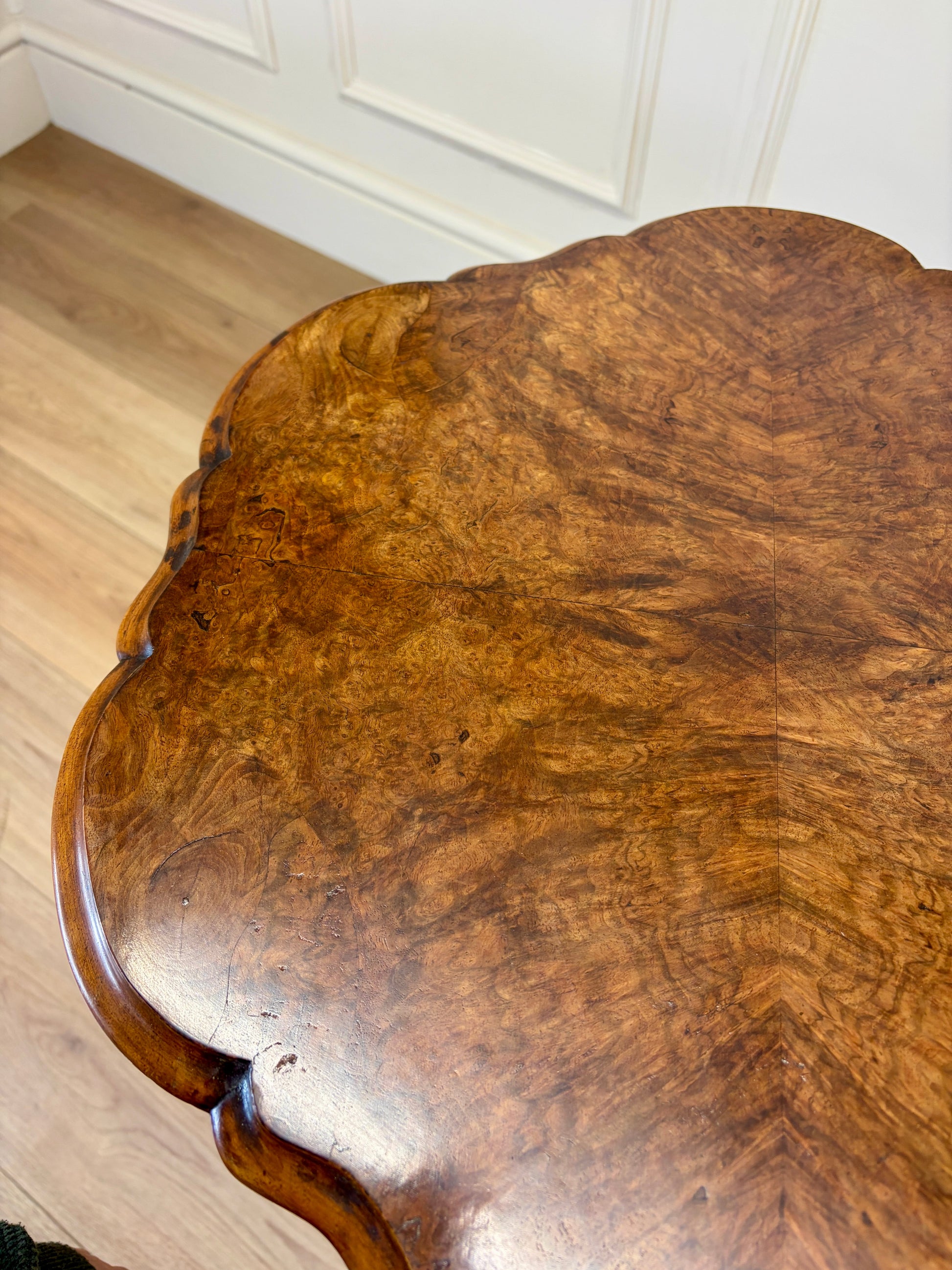 Antique Victorian burr walnut lamp table with tripod base and scroll feet