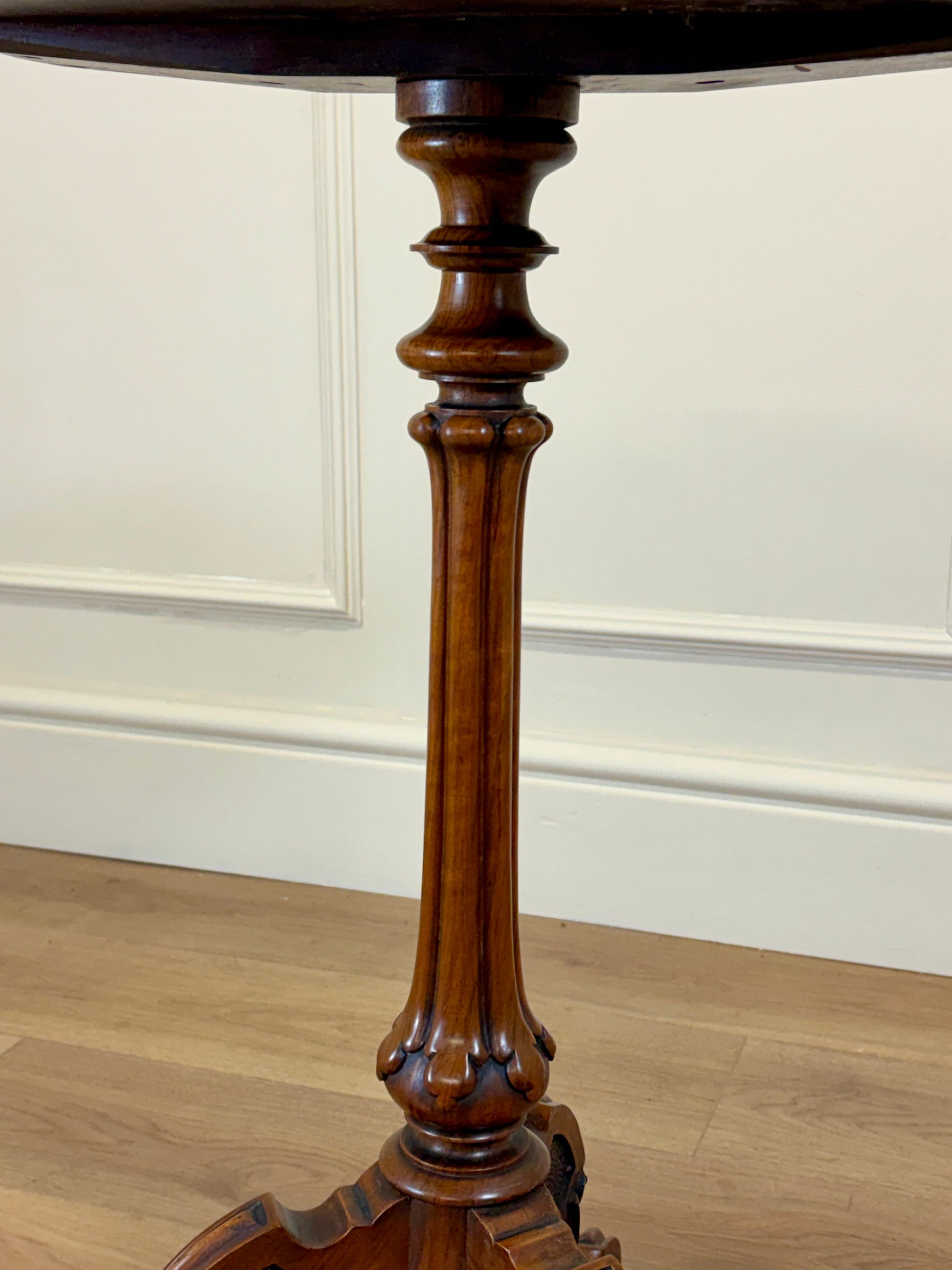 Antique Victorian burr walnut lamp table with tripod base and scroll feet