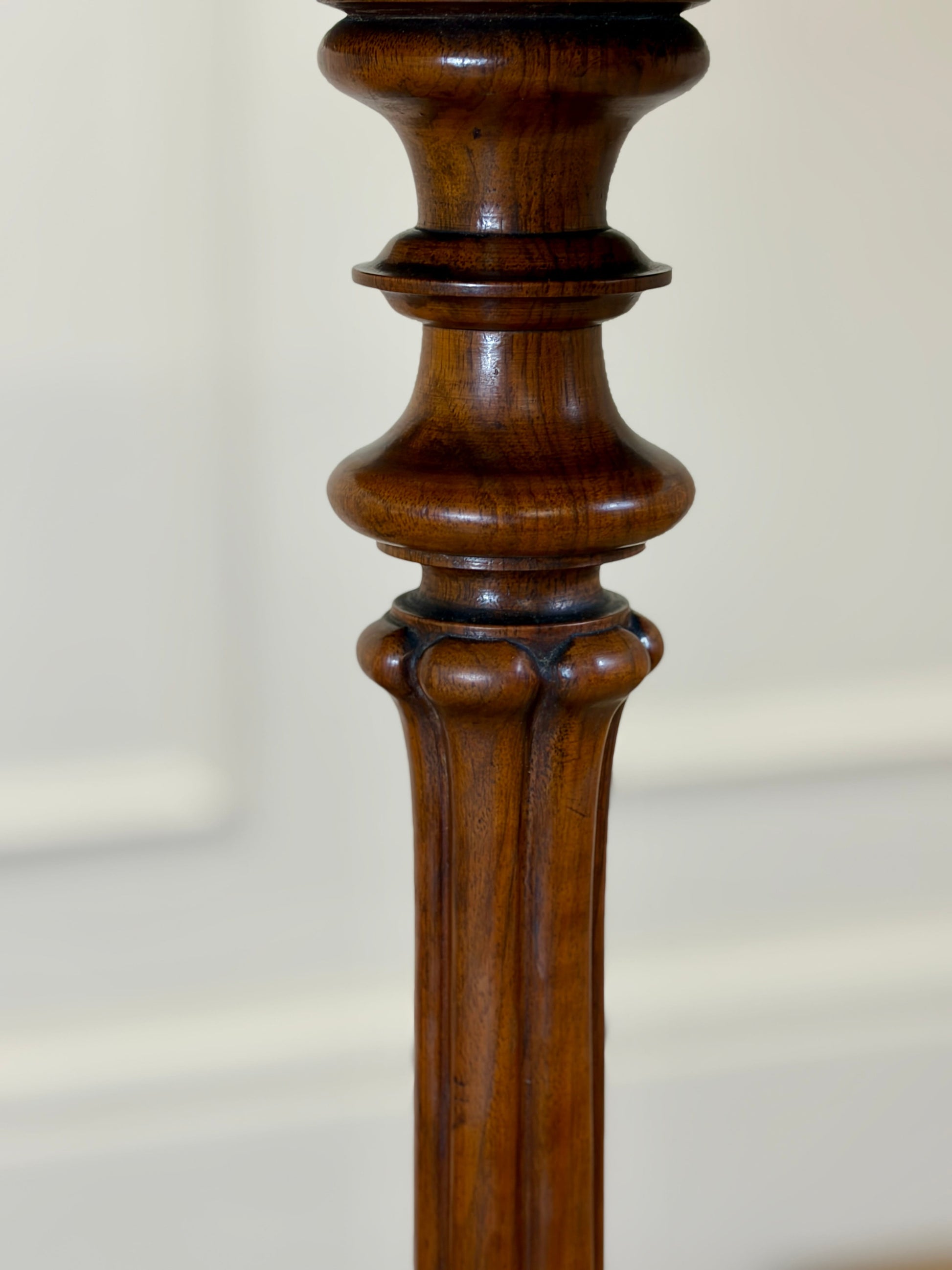 Antique Victorian burr walnut lamp table with tripod base and scroll feet