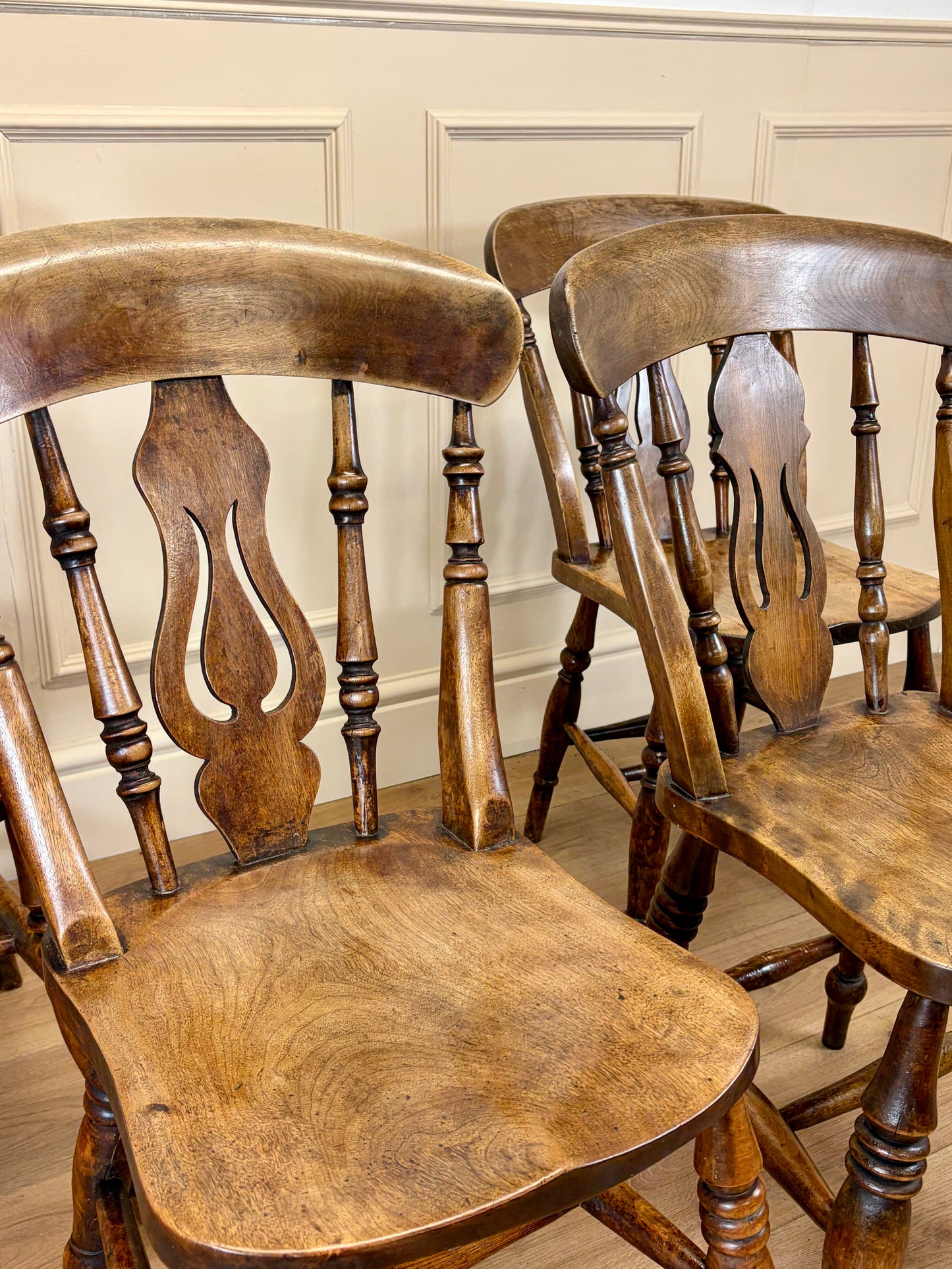 Antique farmhouse set of five Victorian fruitwood kitchen chairs with carver
