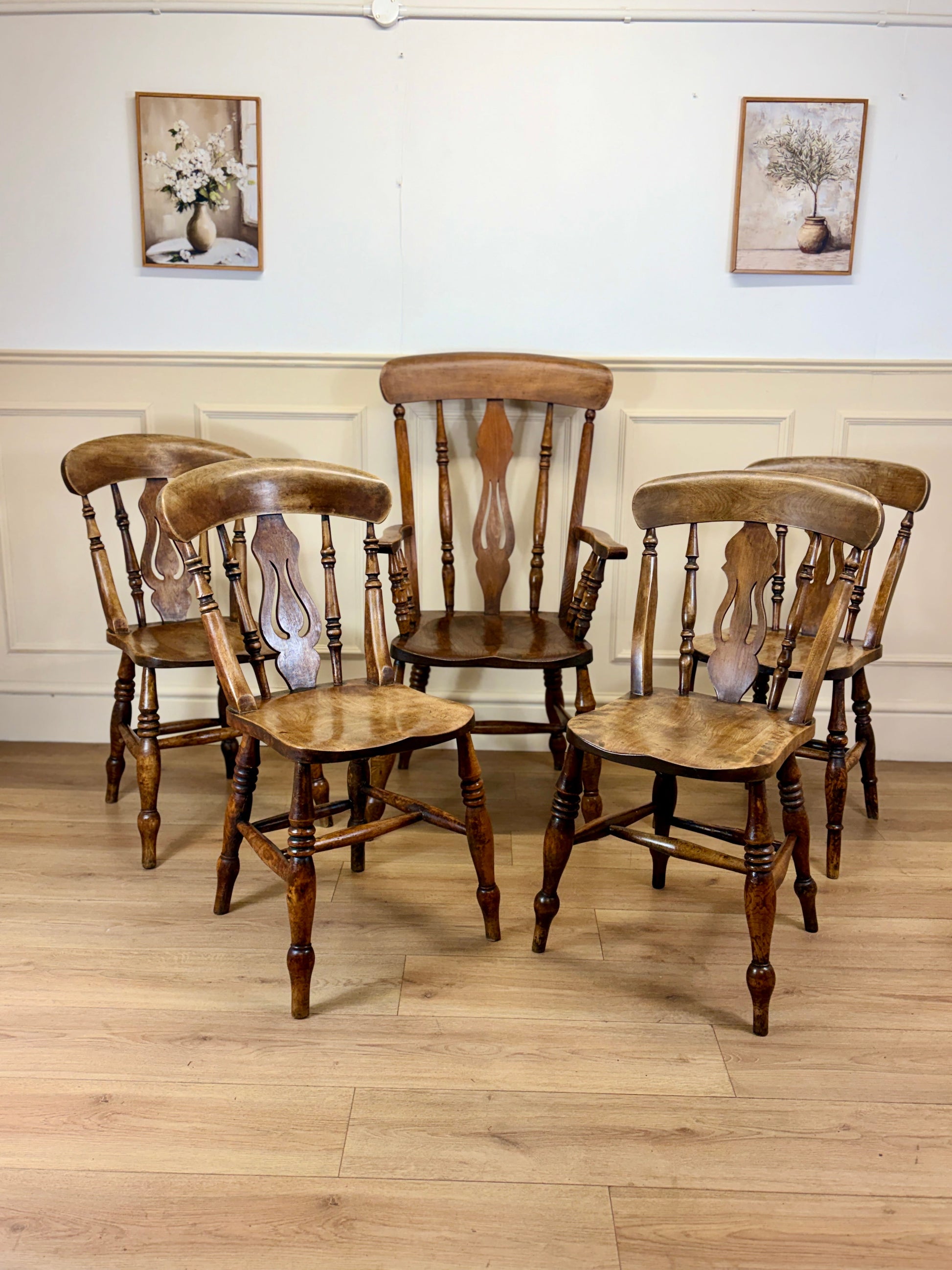 Antique farmhouse set of five Victorian fruitwood kitchen chairs with carver