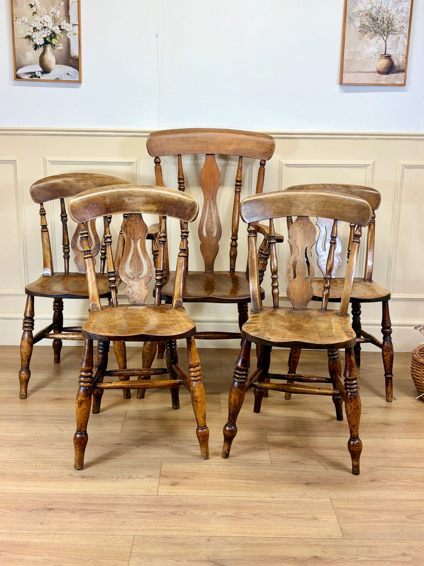 Antique farmhouse set of five Victorian fruitwood kitchen chairs with carver