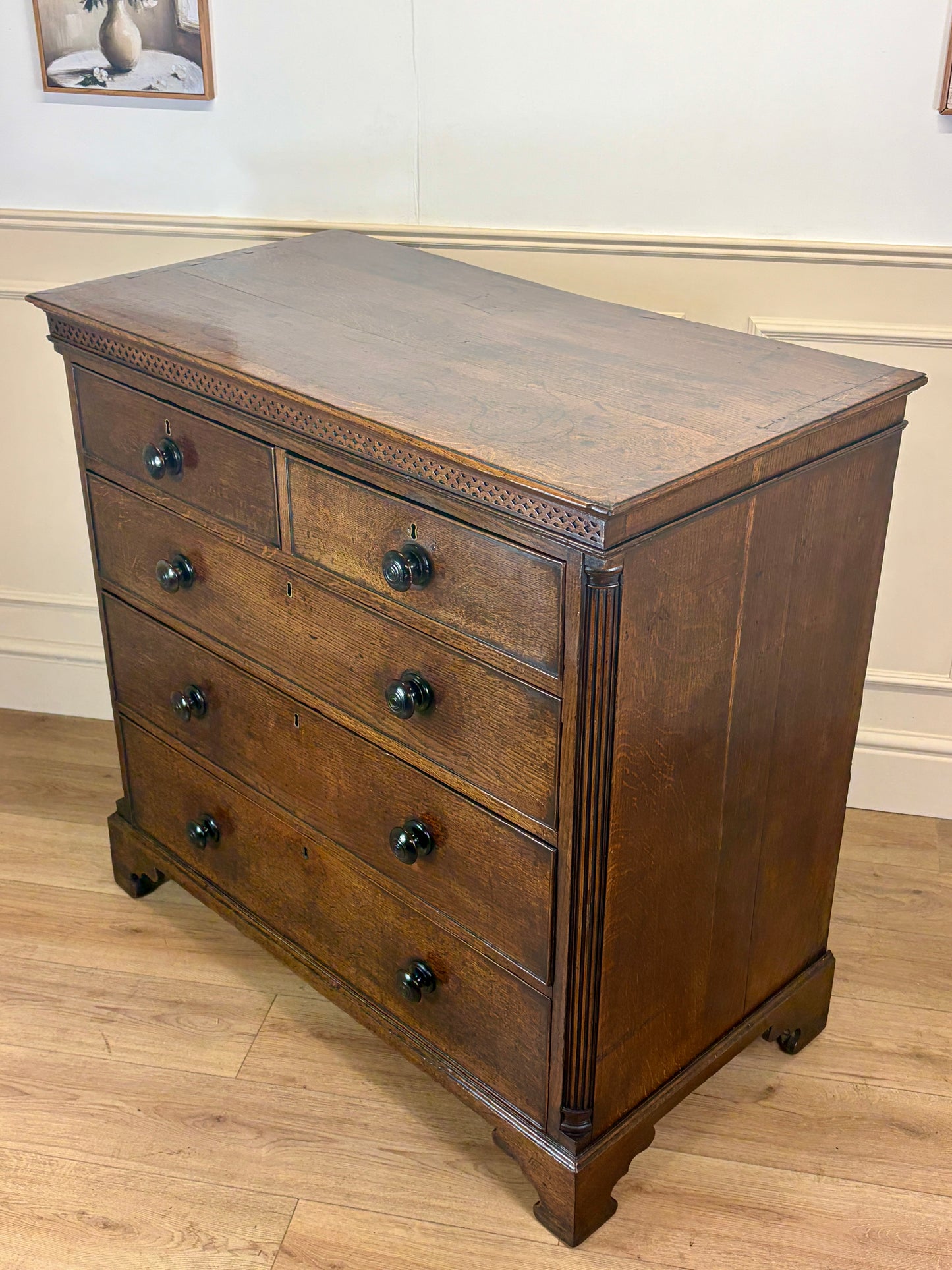 antique georgian oak chest of drawers with carved detail