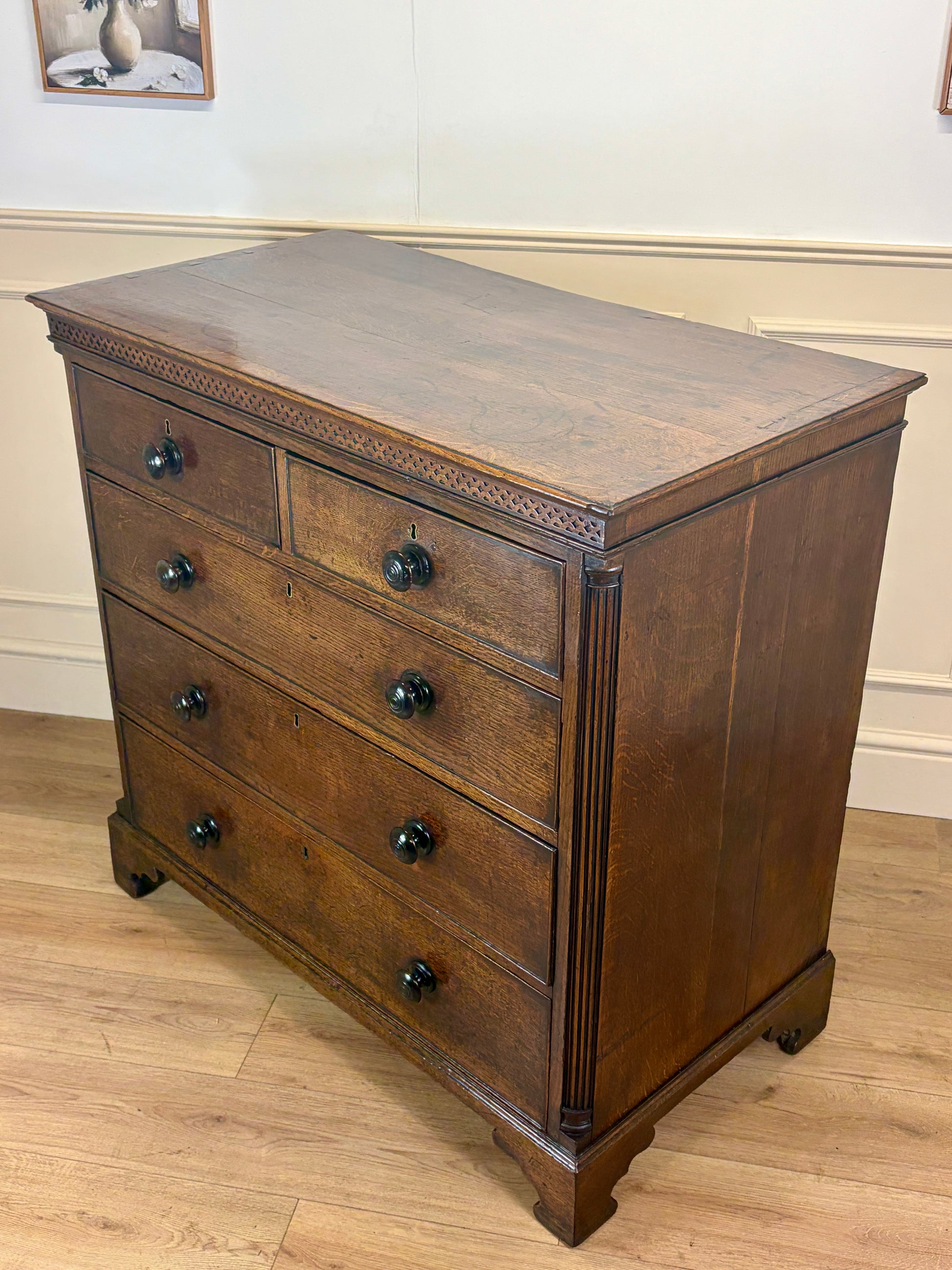 antique georgian oak chest of drawers with carved detail