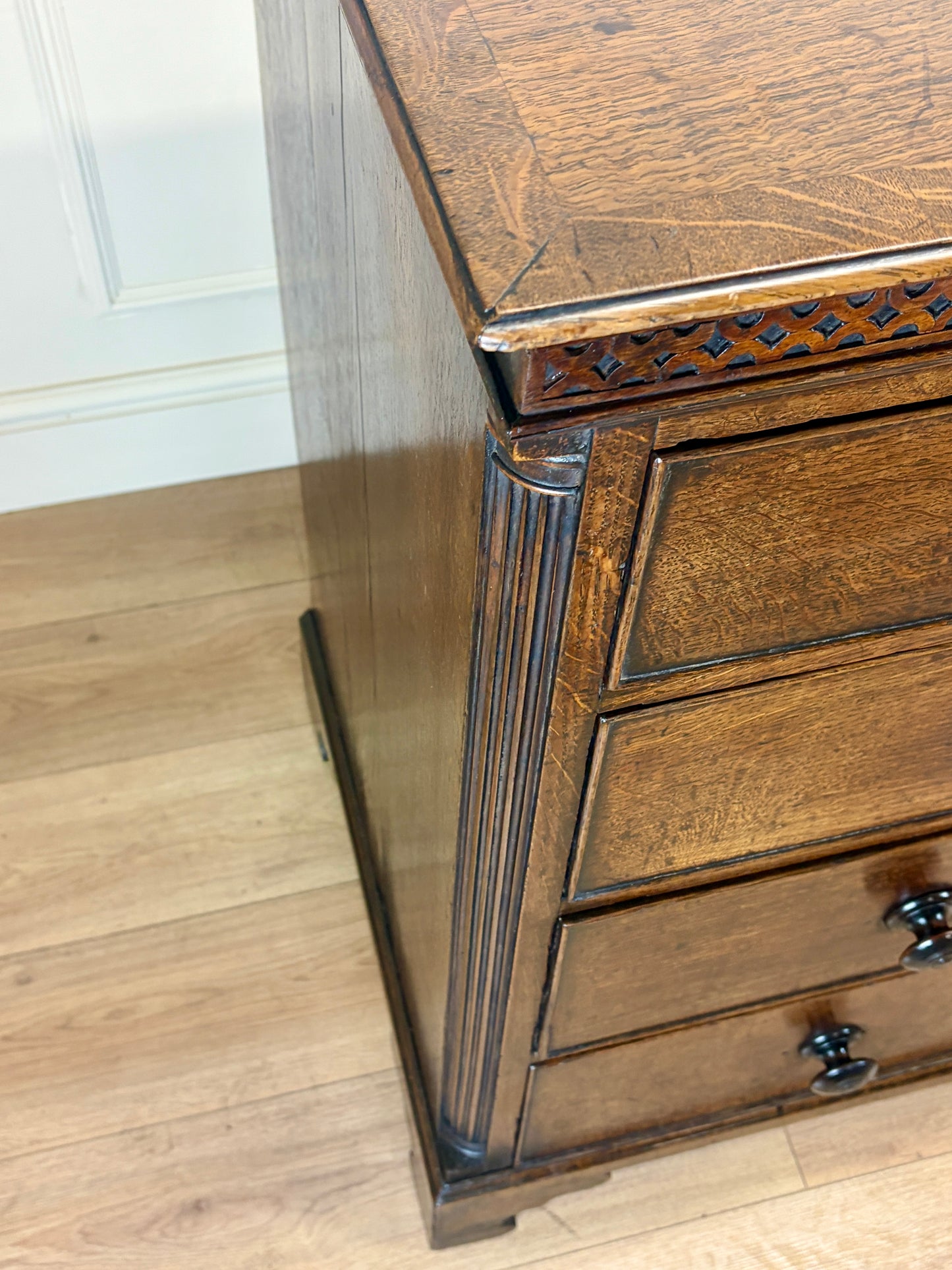 antique georgian oak chest of drawers with carved detail