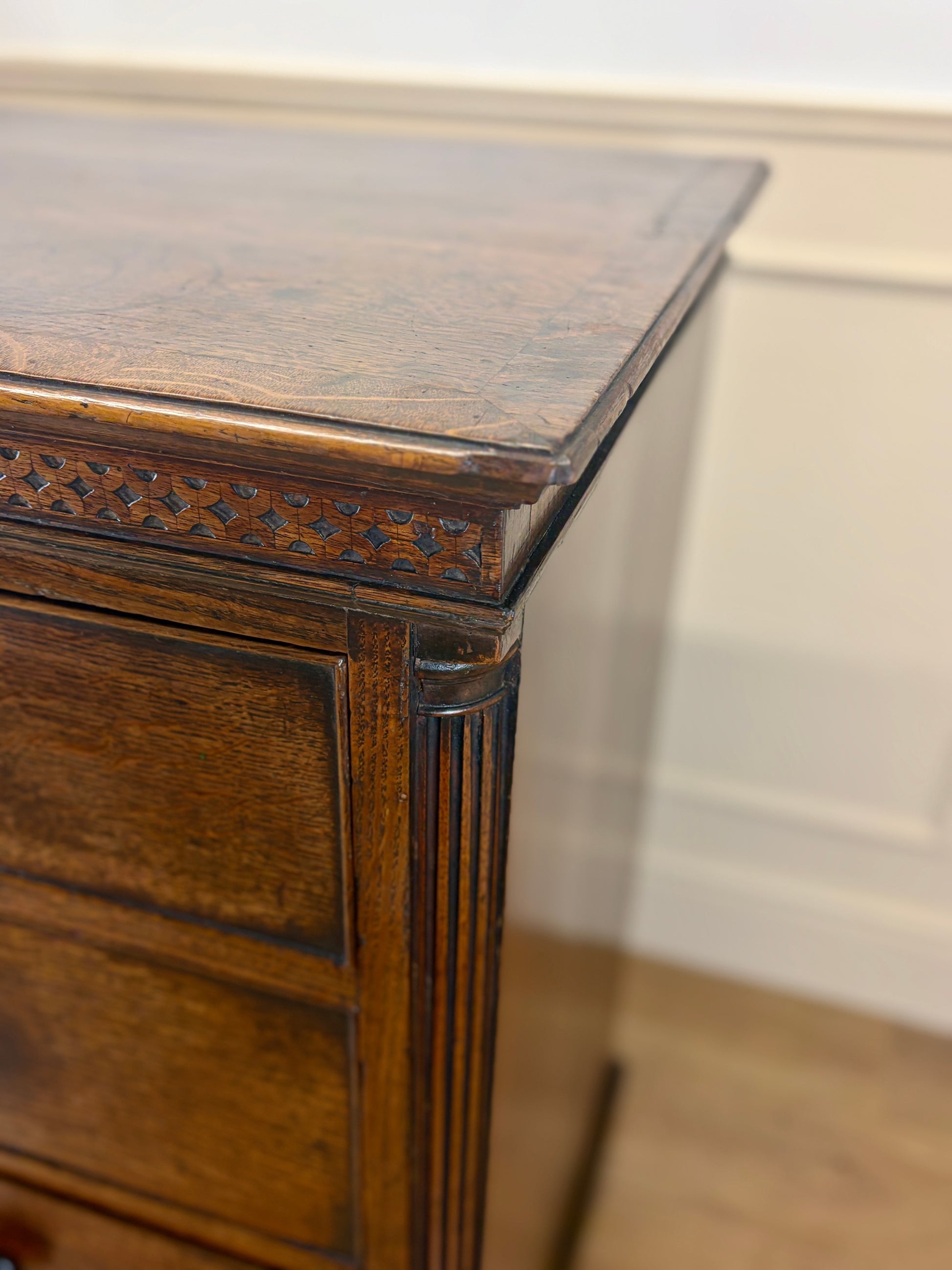 antique georgian oak chest of drawers with carved detail