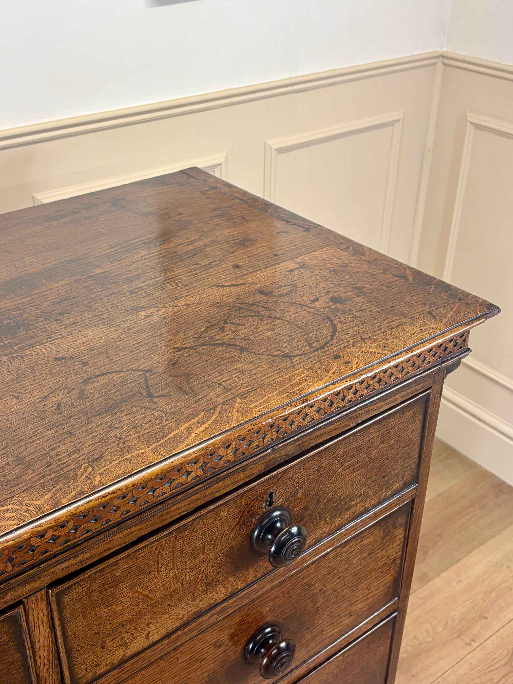 antique georgian oak chest of drawers with carved detail
