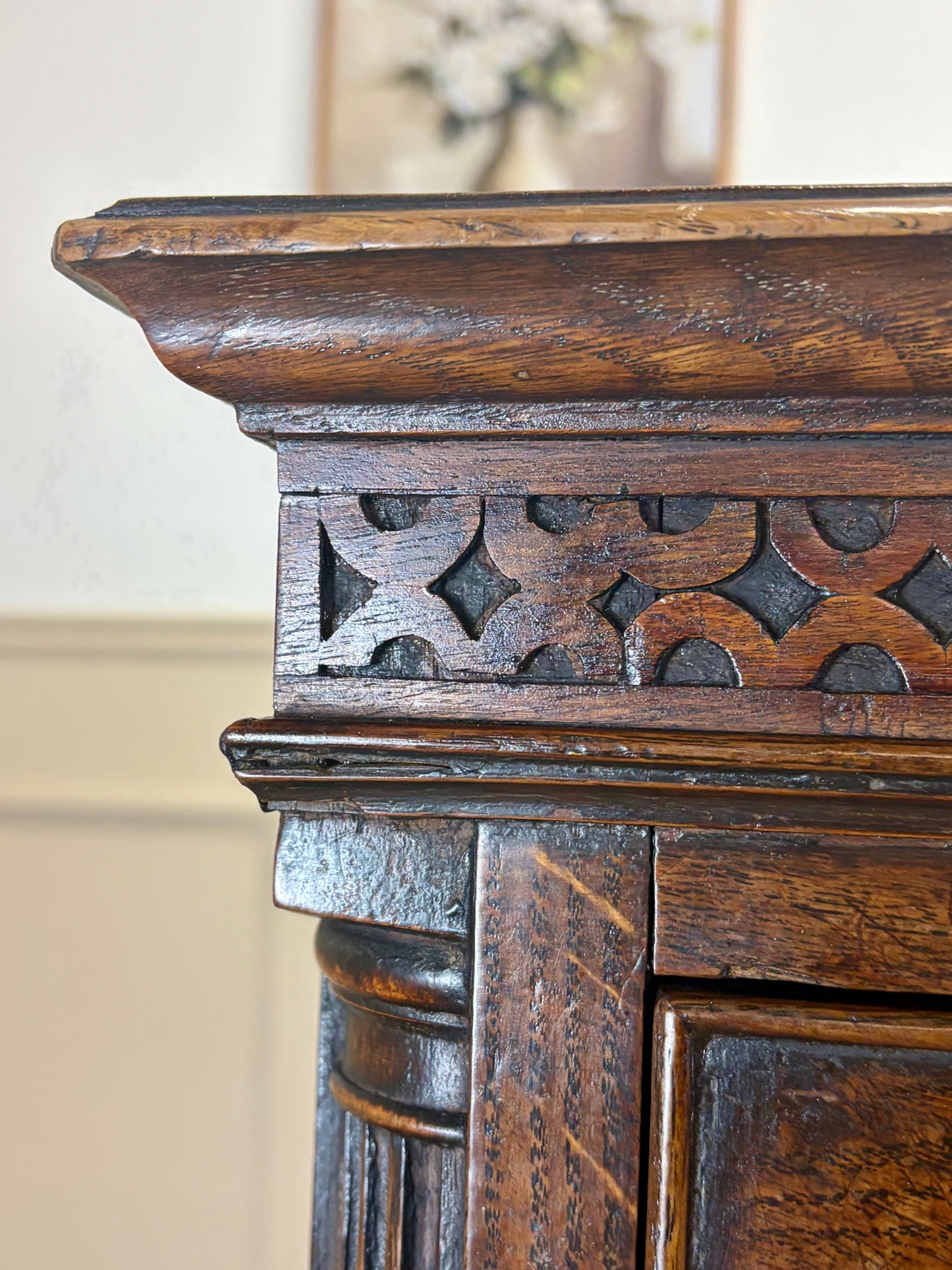 antique georgian oak chest of drawers with carved detail