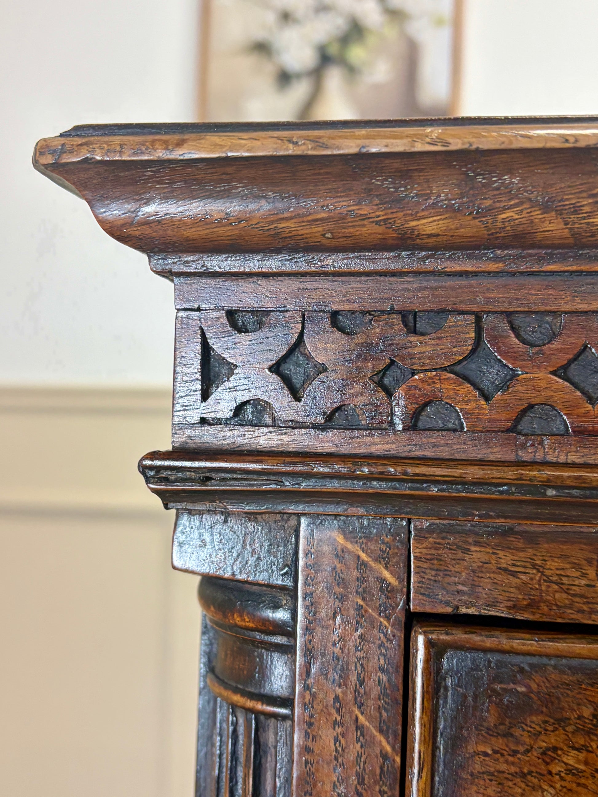 antique georgian oak chest of drawers with carved detail