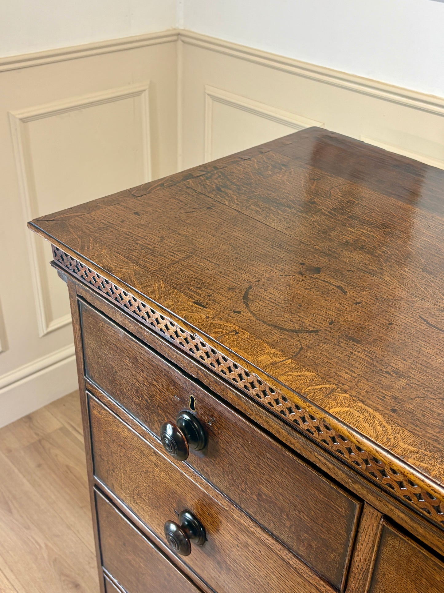 antique georgian oak chest of drawers with carved detail