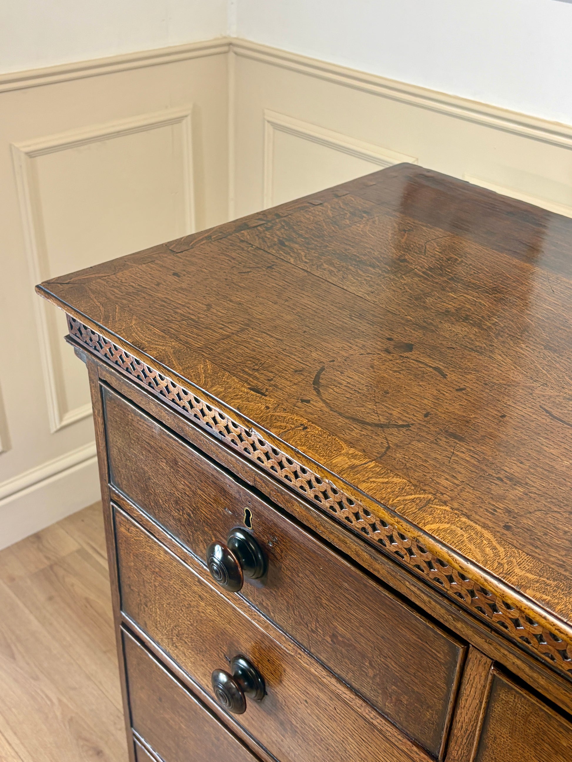 antique georgian oak chest of drawers with carved detail