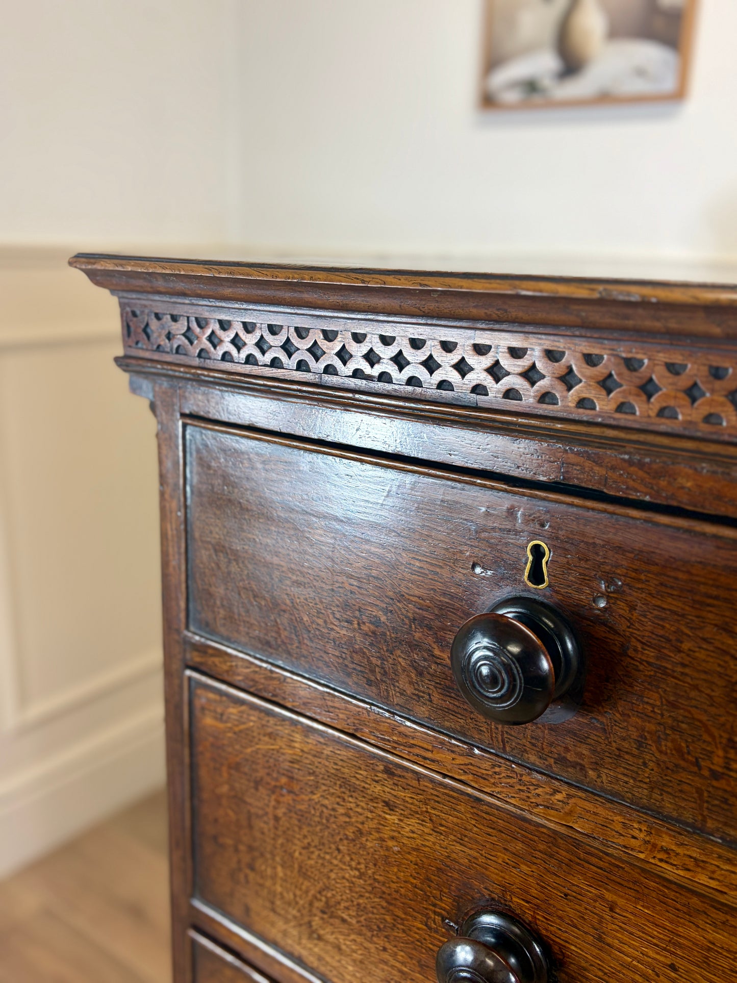 antique georgian oak chest of drawers with carved detail