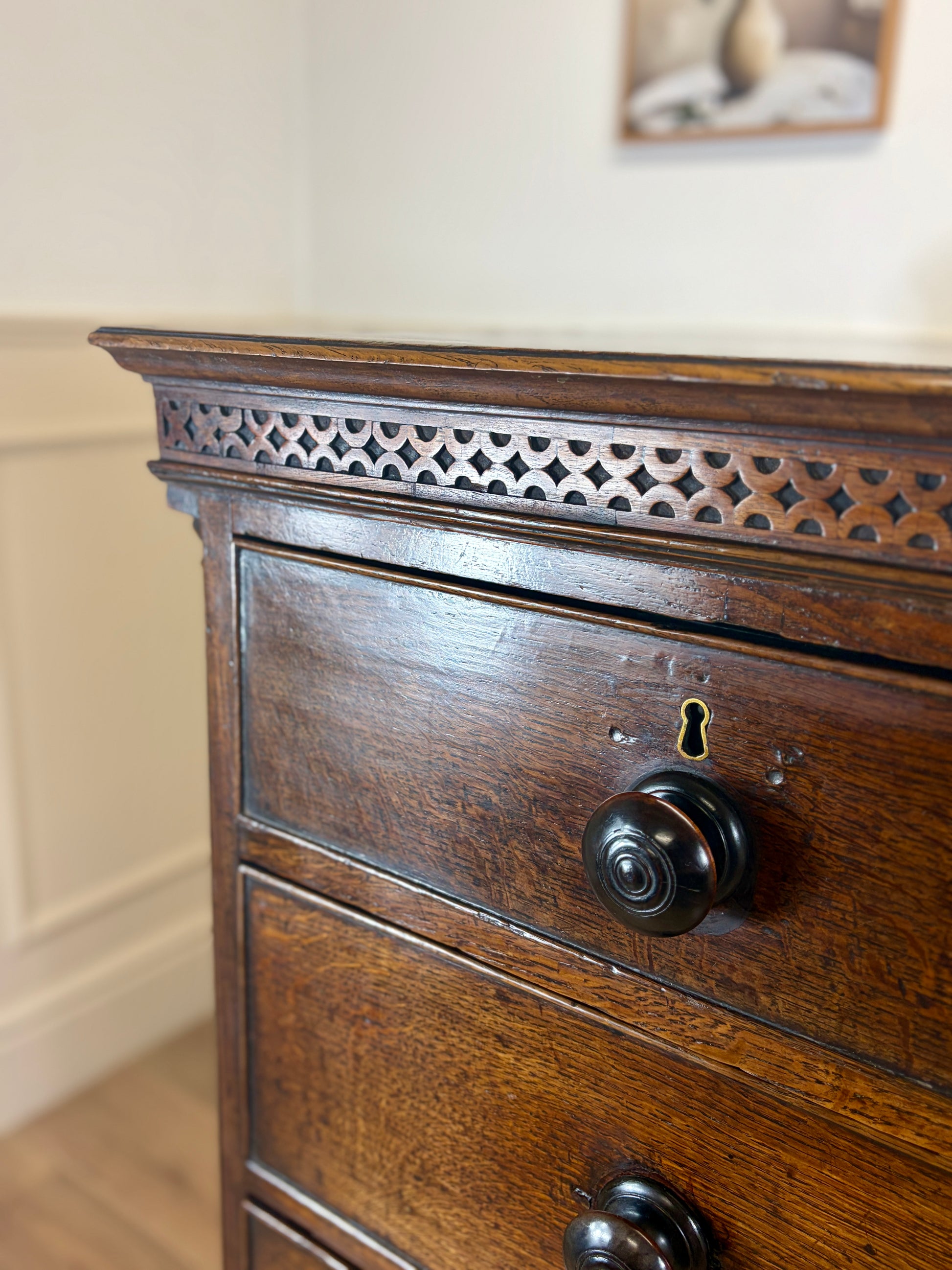 antique georgian oak chest of drawers with carved detail