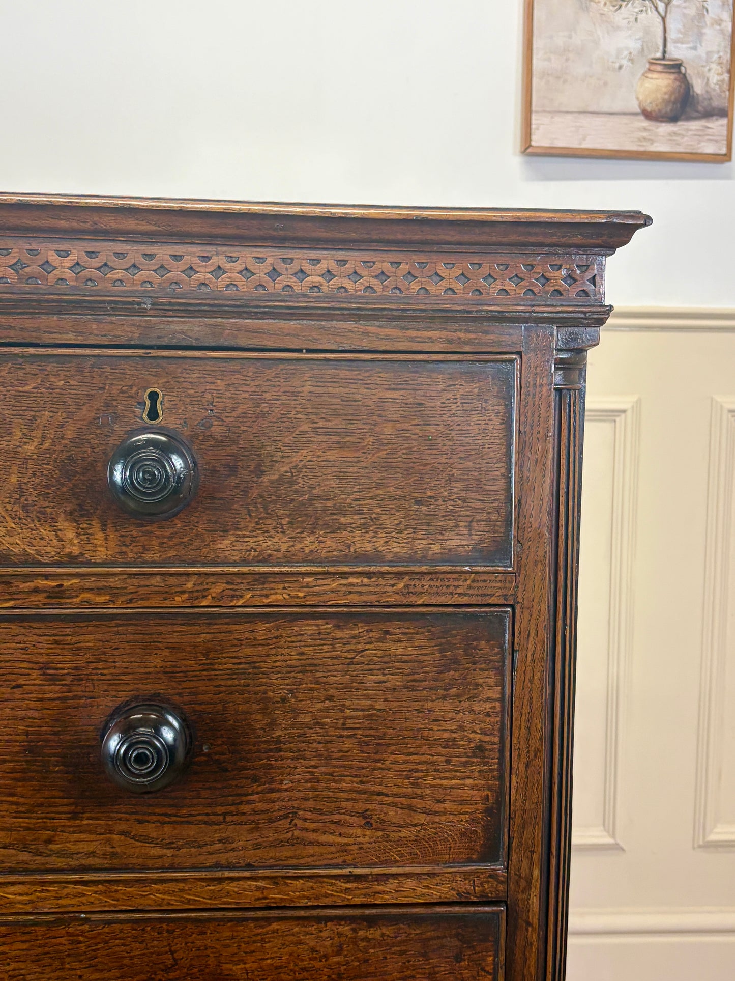 antique georgian oak chest of drawers with carved detail