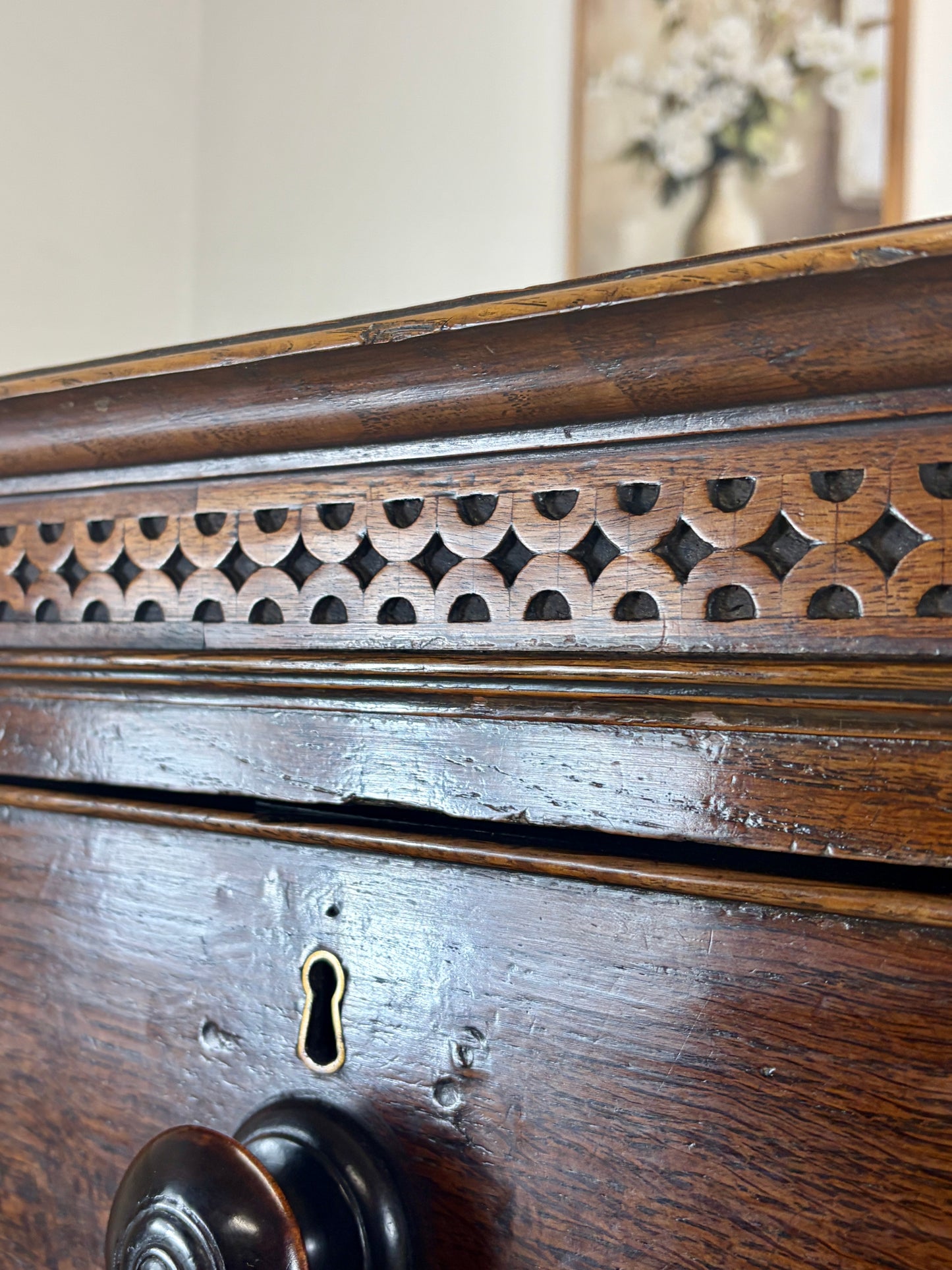 antique georgian oak chest of drawers with carved detail