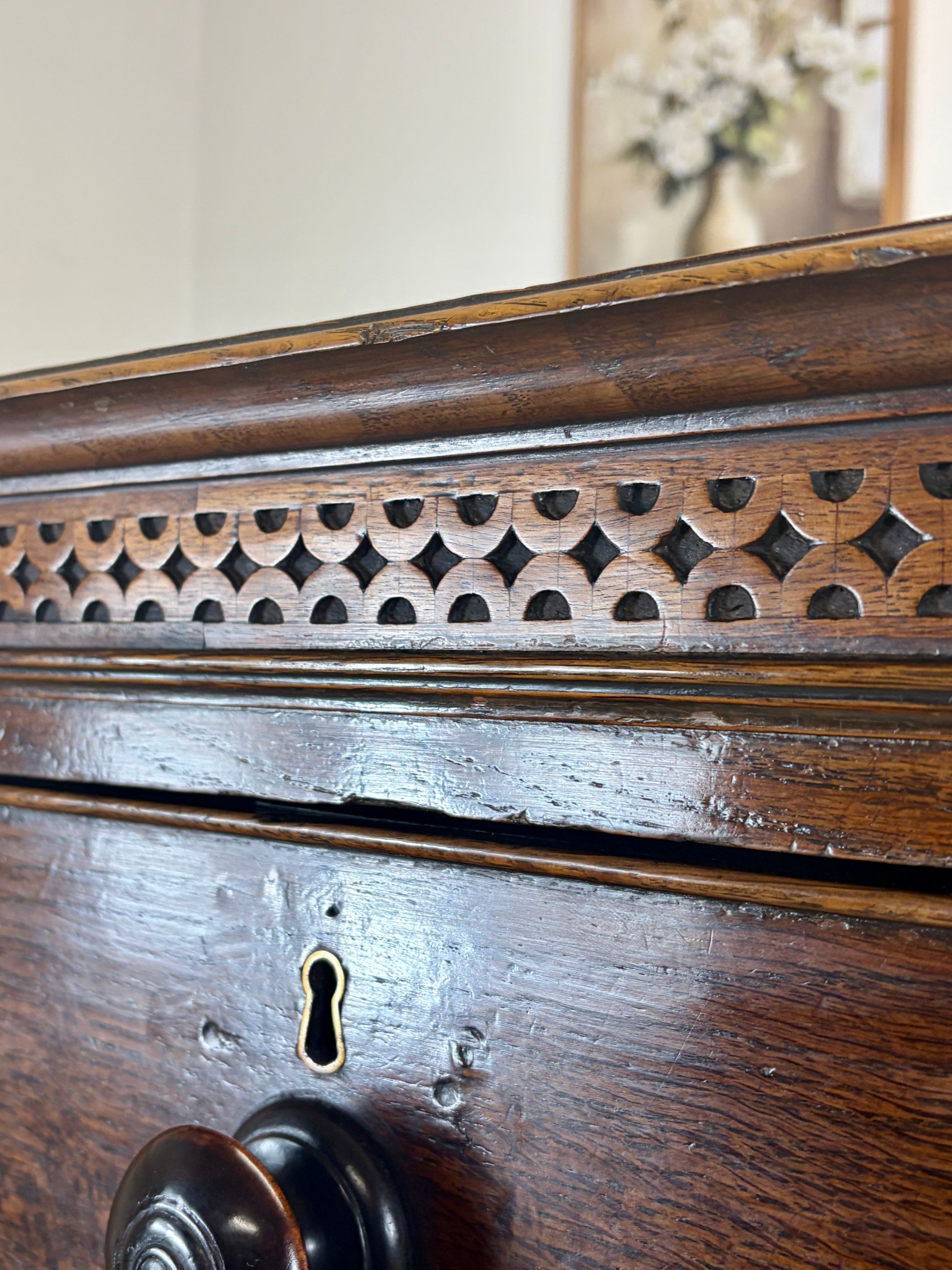 antique georgian oak chest of drawers with carved detail