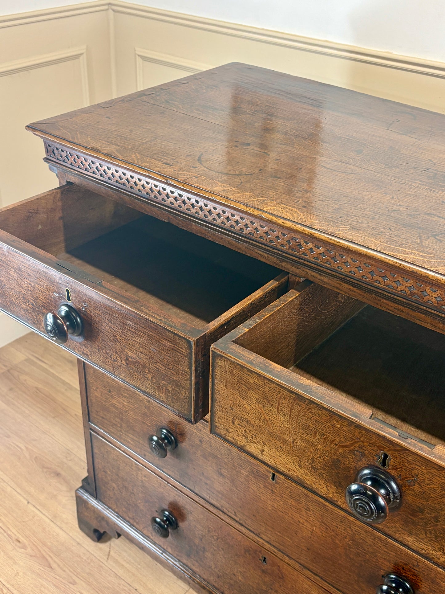 antique georgian oak chest of drawers with carved detail