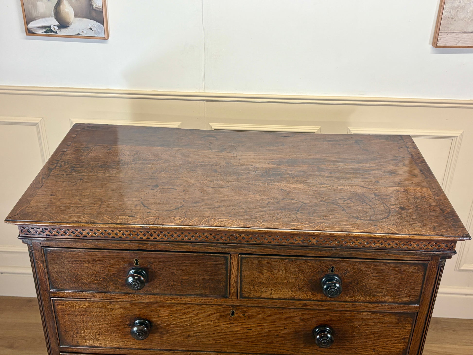 antique georgian oak chest of drawers with carved detail