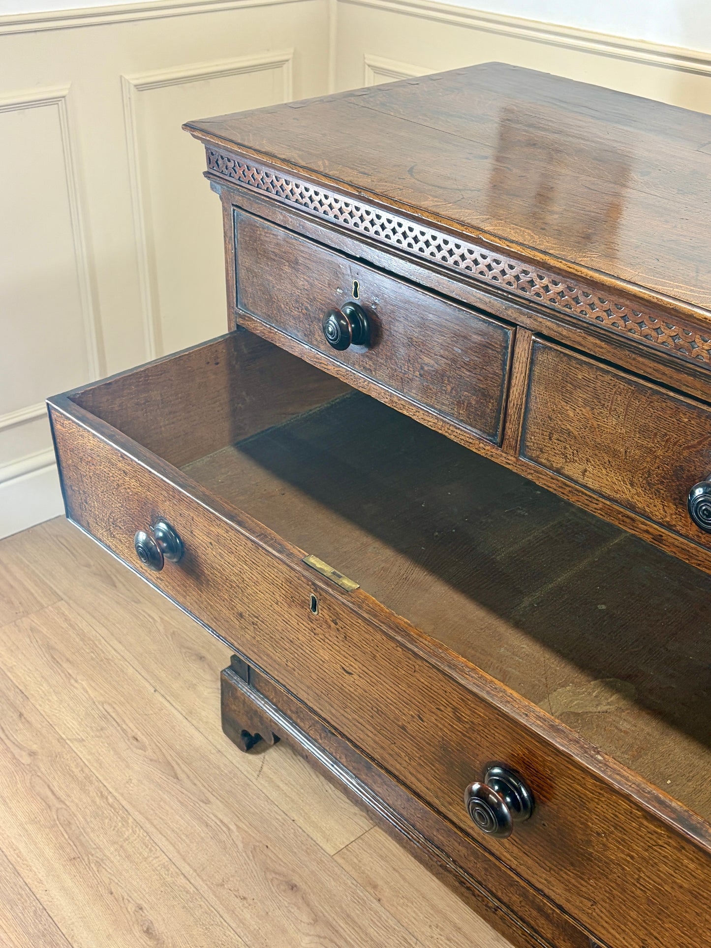 antique georgian oak chest of drawers with carved detail