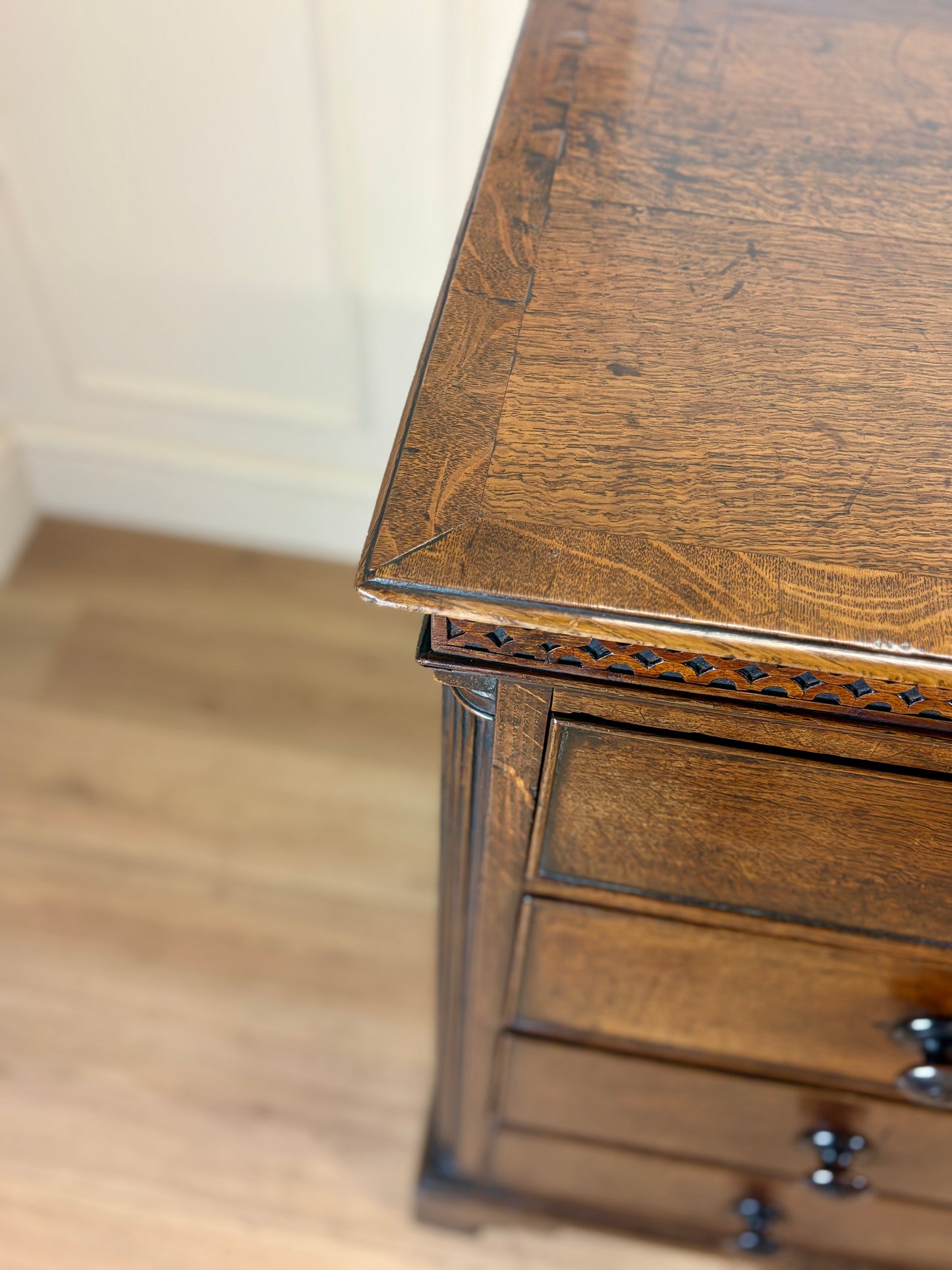 antique georgian oak chest of drawers with carved detail