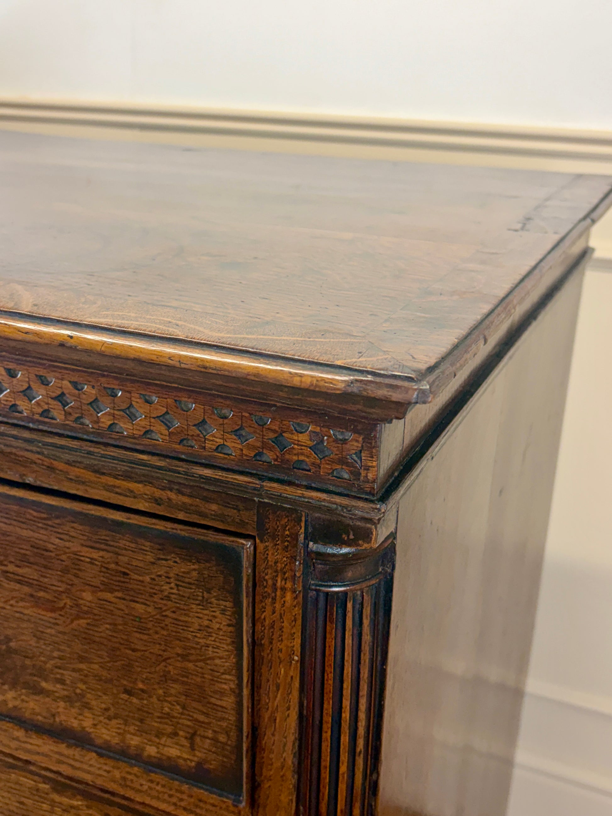antique georgian oak chest of drawers with carved detail