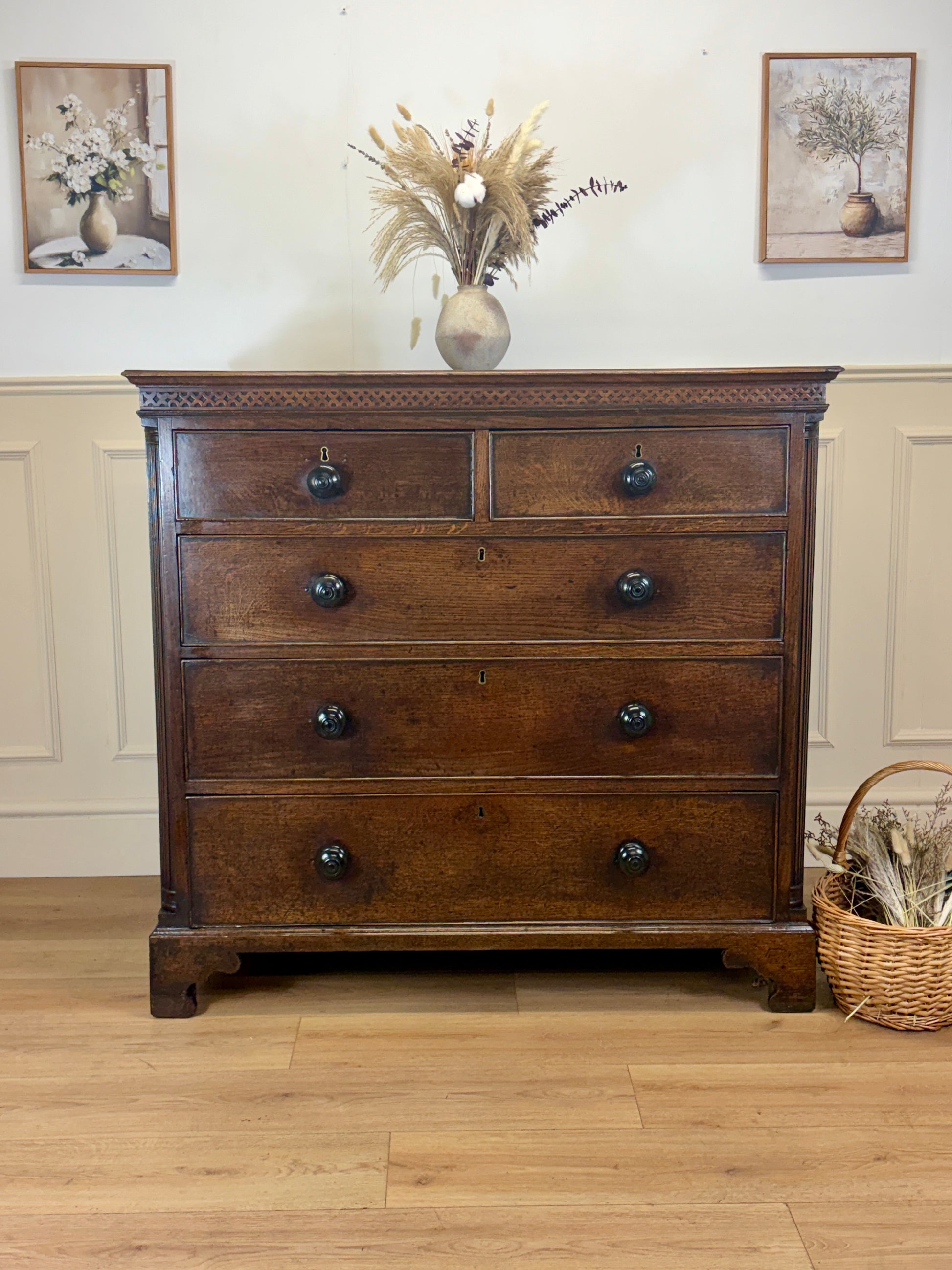 antique georgian oak chest of drawers with carved detail