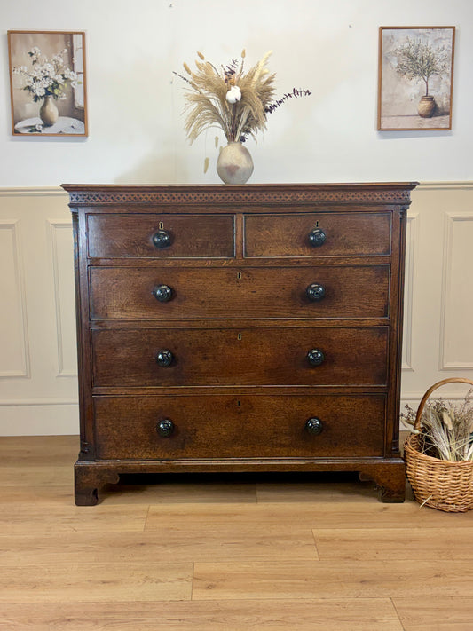 antique georgian oak chest of drawers with carved detail