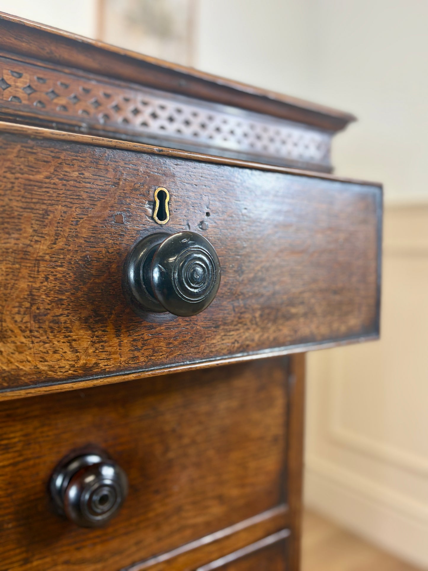 antique georgian oak chest of drawers with carved detail
