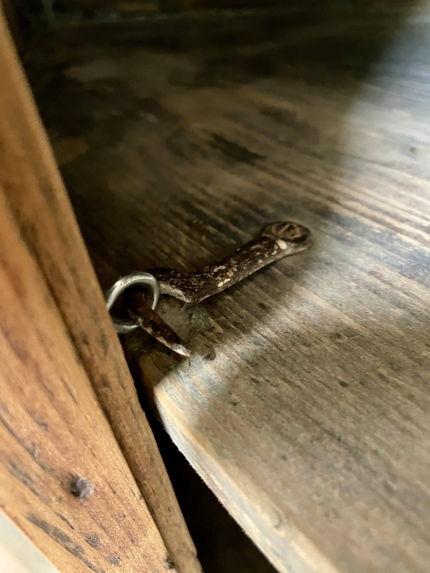 Small metal object on a wooden surface
