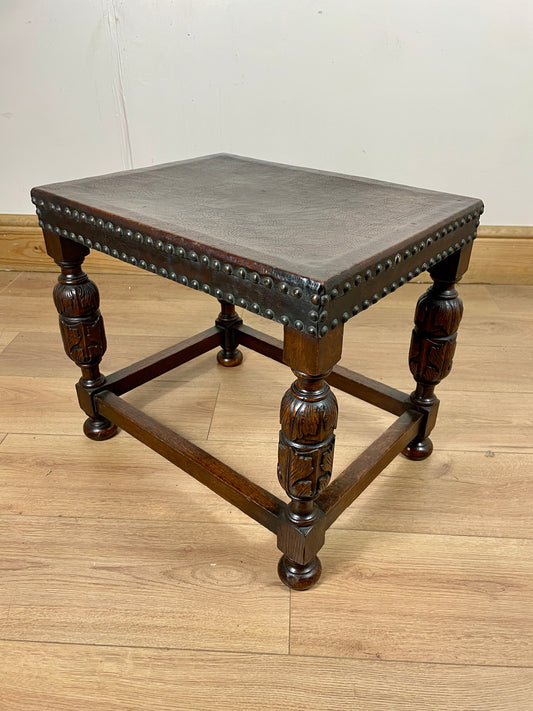 Antique Oak Brown Leather Footstool