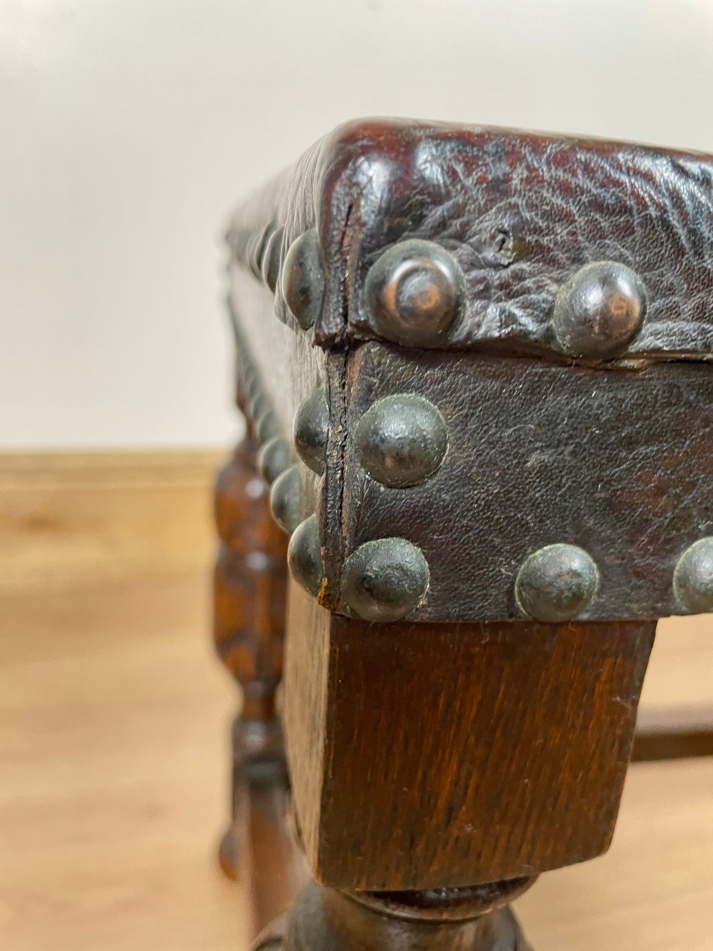Antique Oak Brown Leather Footstool