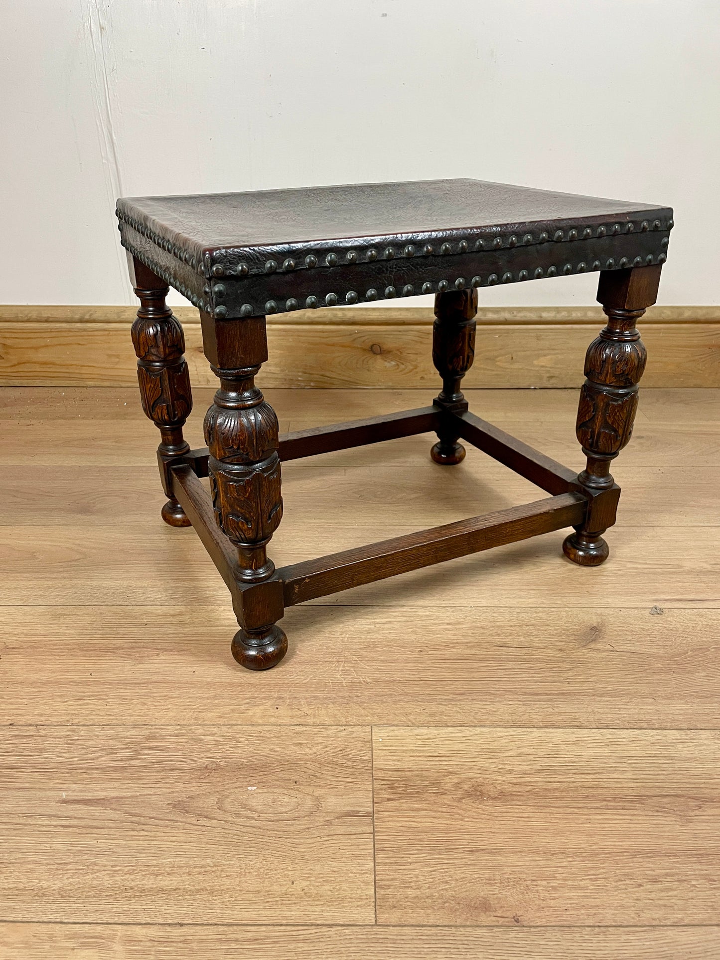 Antique Oak Brown Leather Footstool