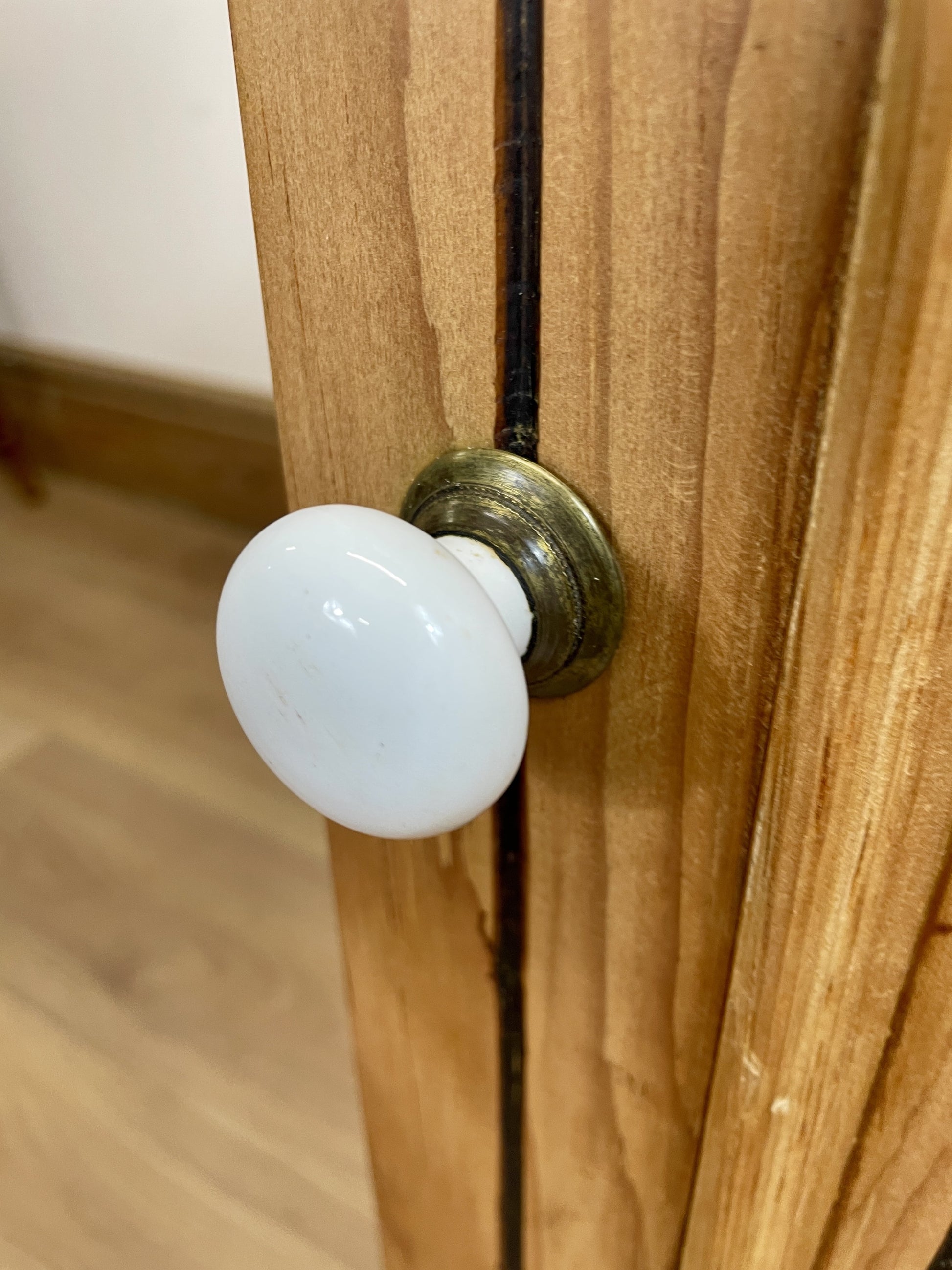 Wooden door with a white doorknob and brass handle