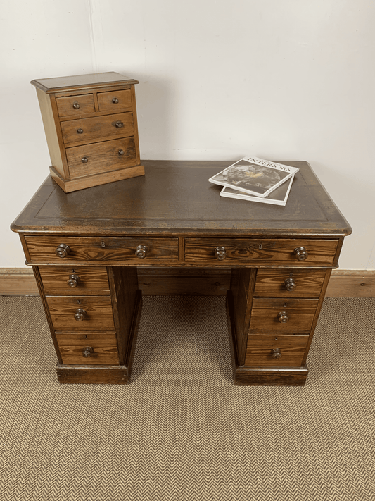 Antique Victorian Pitch Pine Desk - Timeless Elegance with Original Leather Top