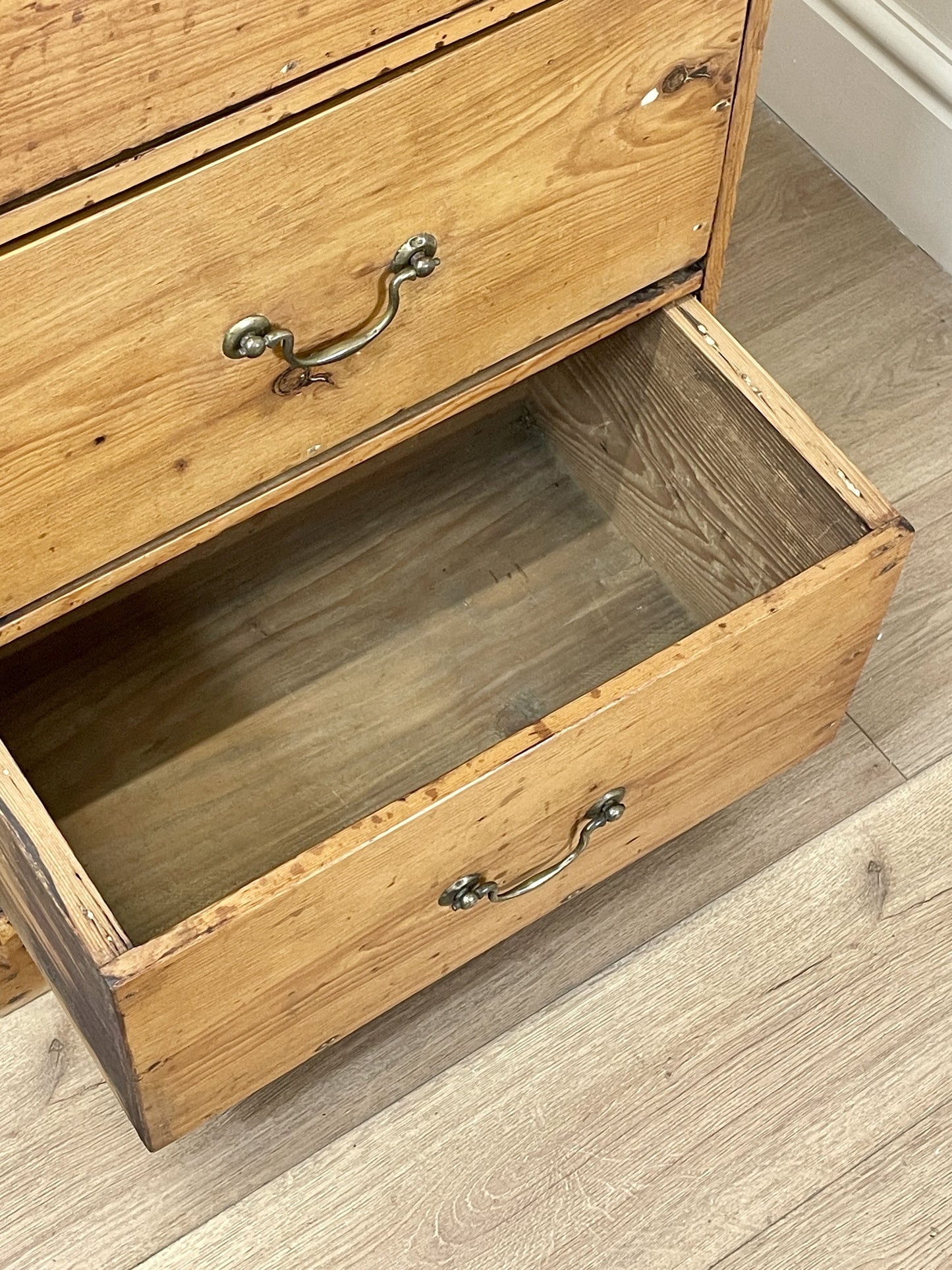 Antique pine farmhouse bank of drawers cupboard with three deep drawers