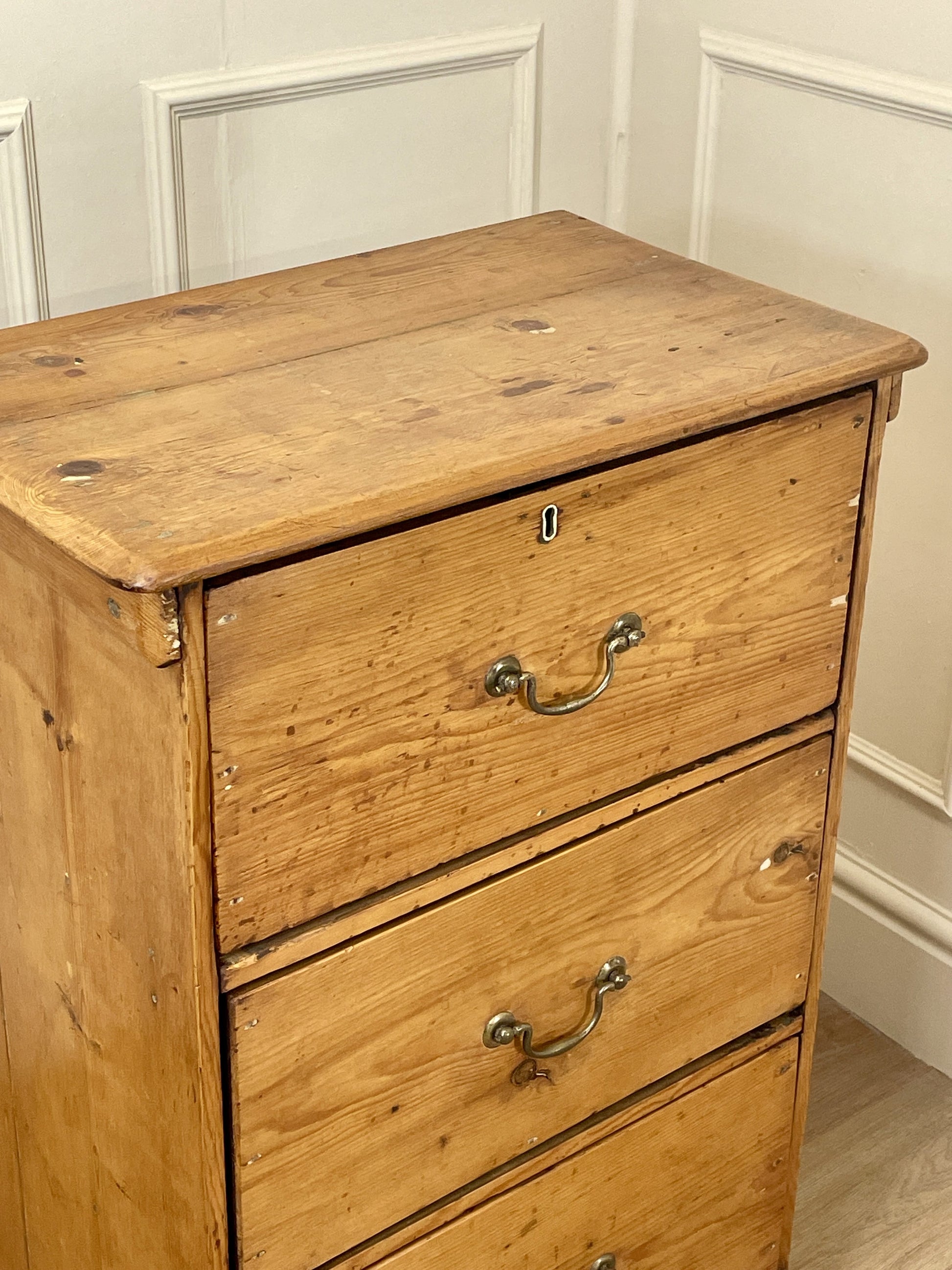Antique pine farmhouse bank of drawers cupboard with three deep drawers