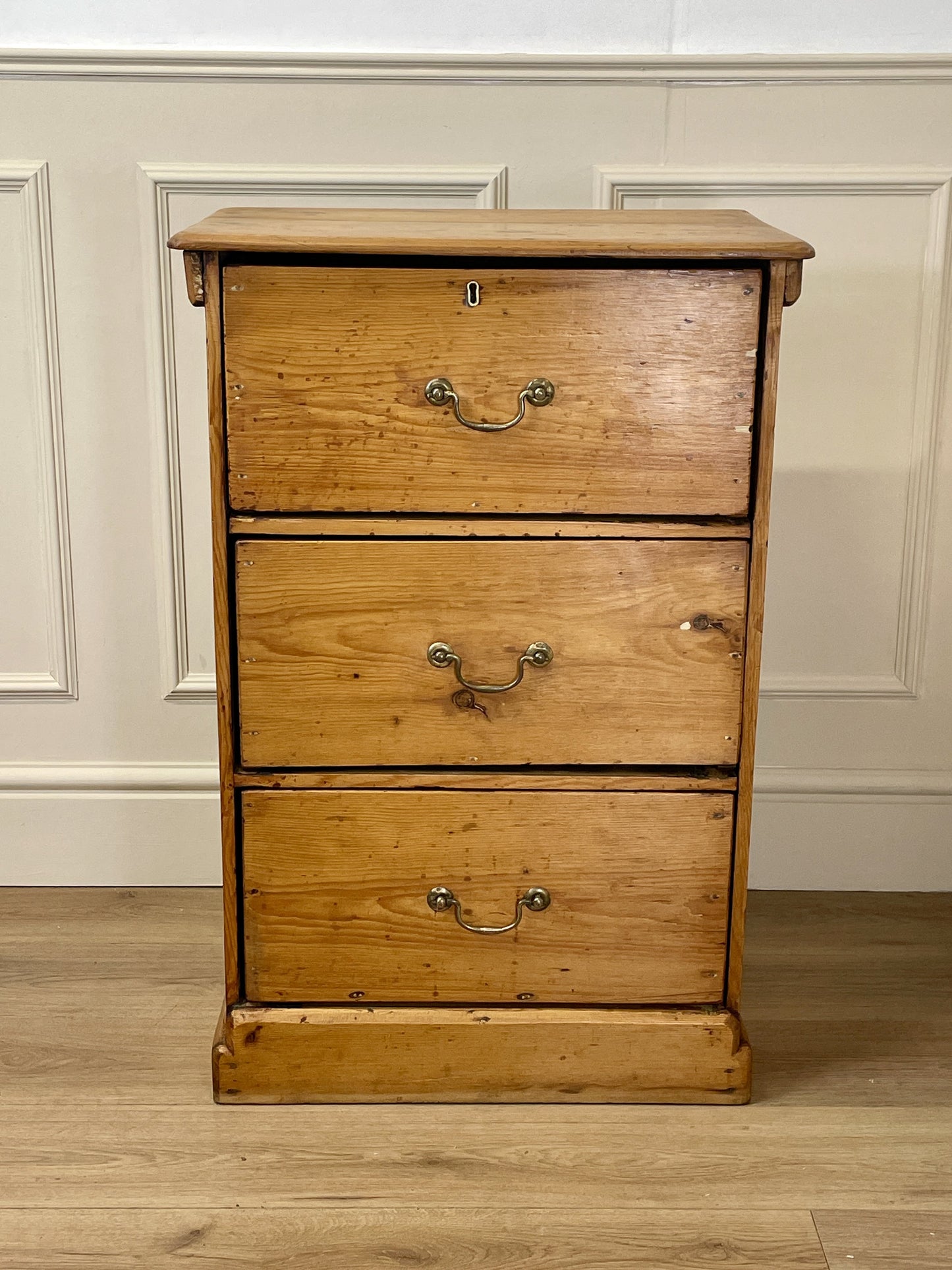 Antique pine farmhouse bank of drawers cupboard with three deep drawers