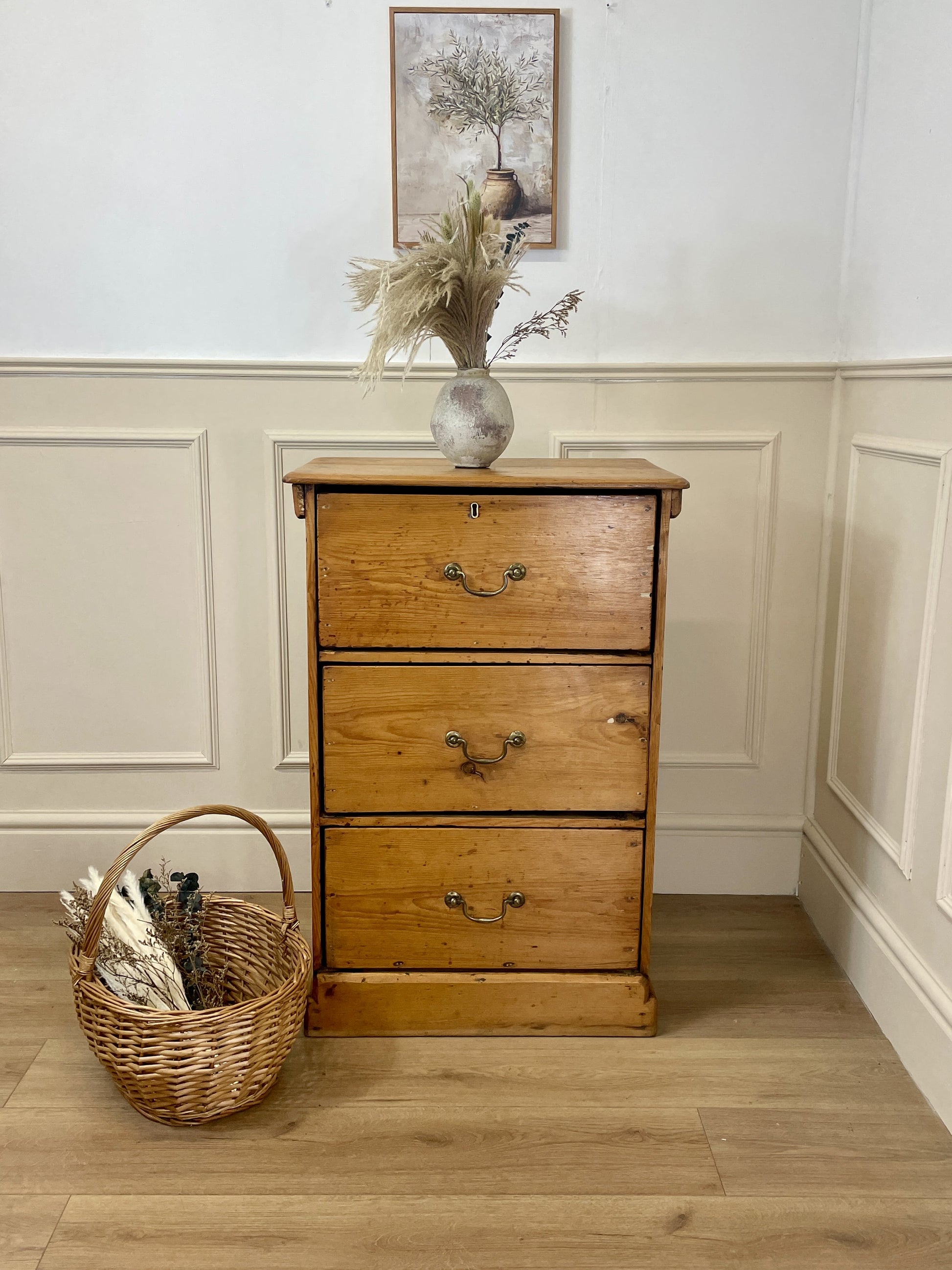 Antique pine farmhouse bank of drawers cupboard with three deep drawers