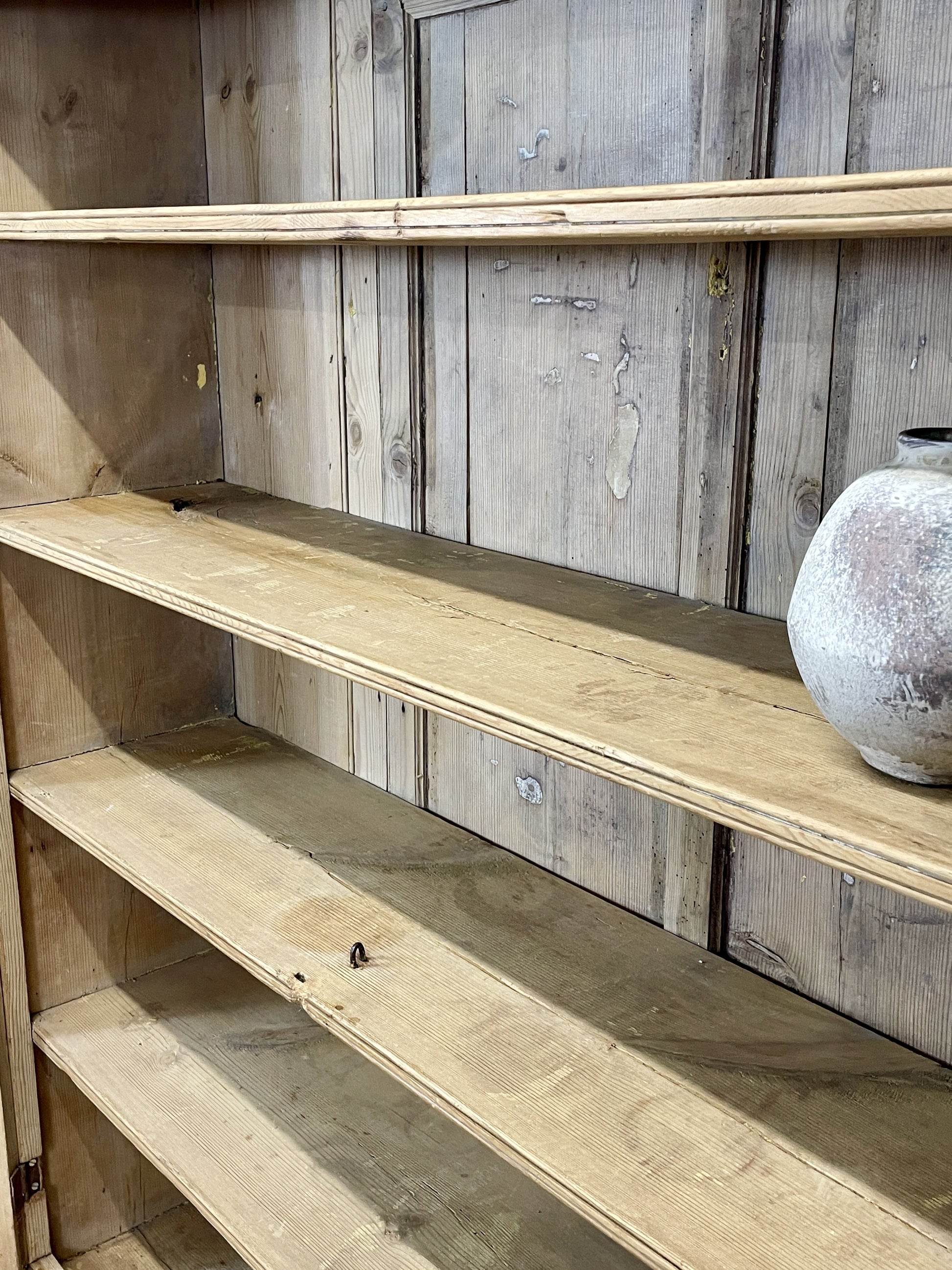 Antique pine farmhouse linen cupboard with shelves