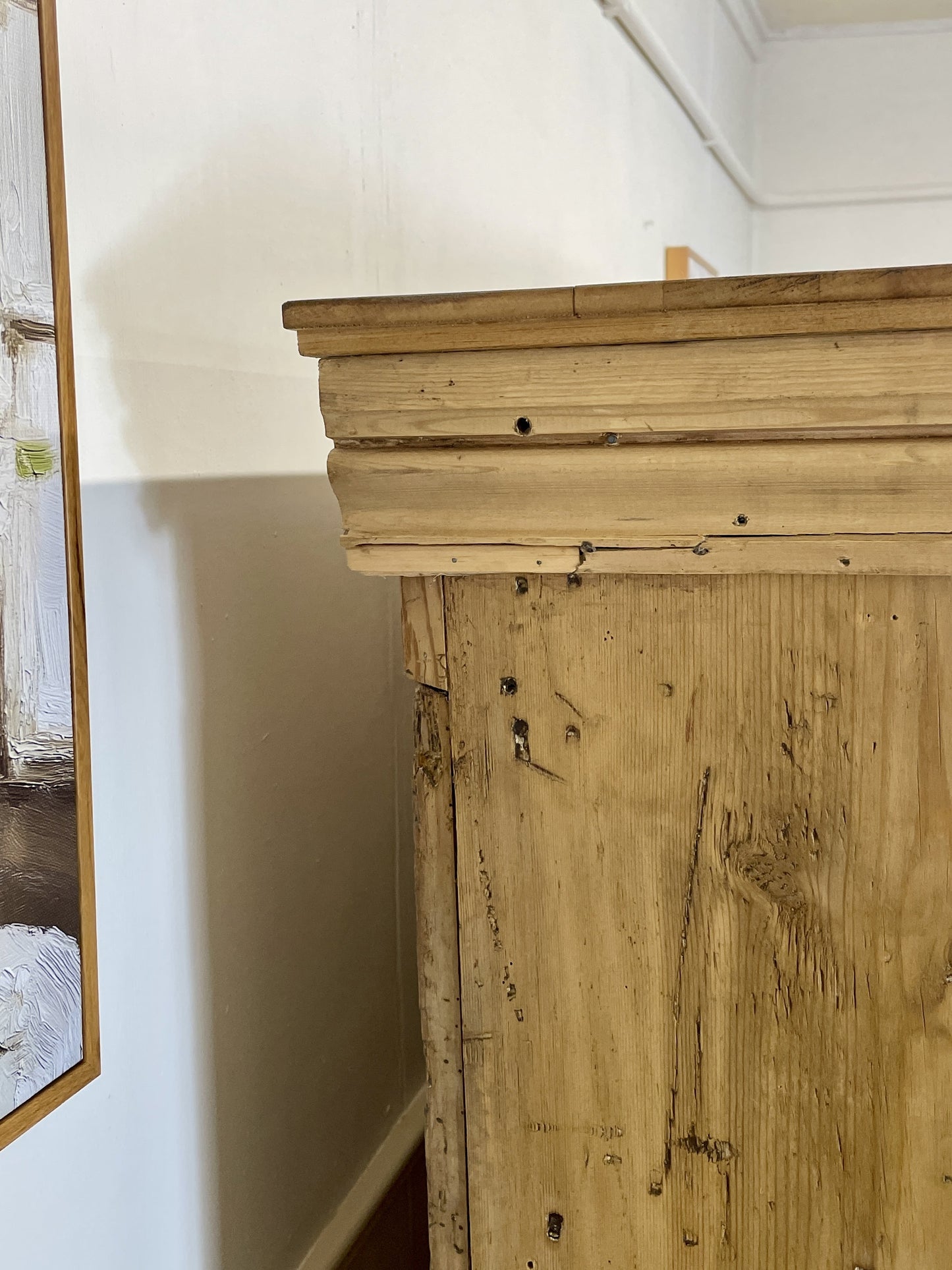 Antique pine farmhouse linen cupboard with shelves
