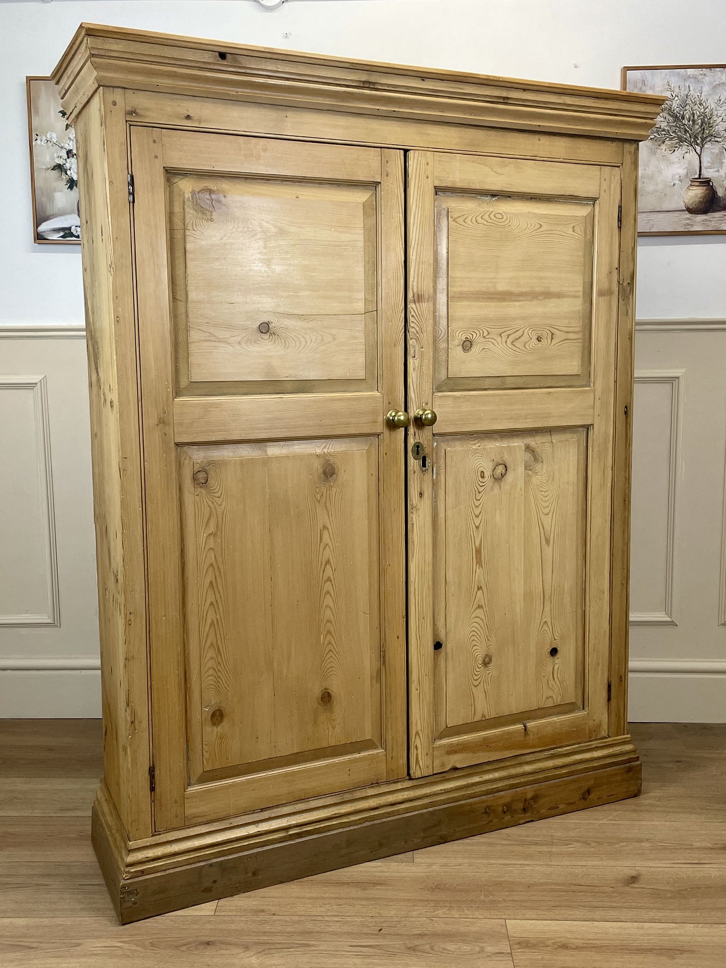 Antique pine farmhouse linen cupboard with shelves