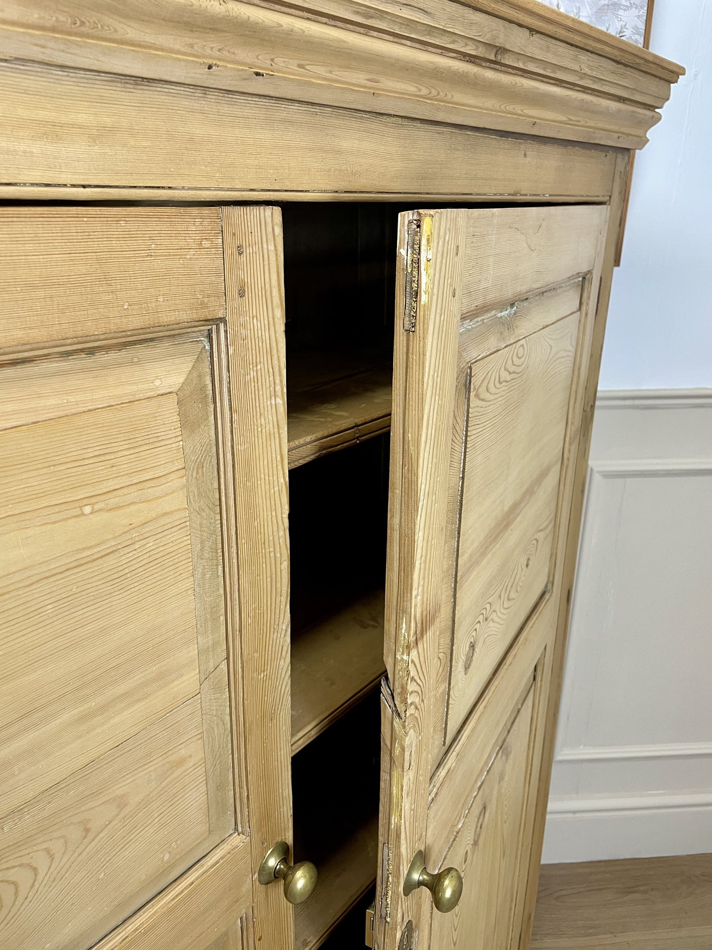 Antique pine farmhouse linen cupboard with shelves