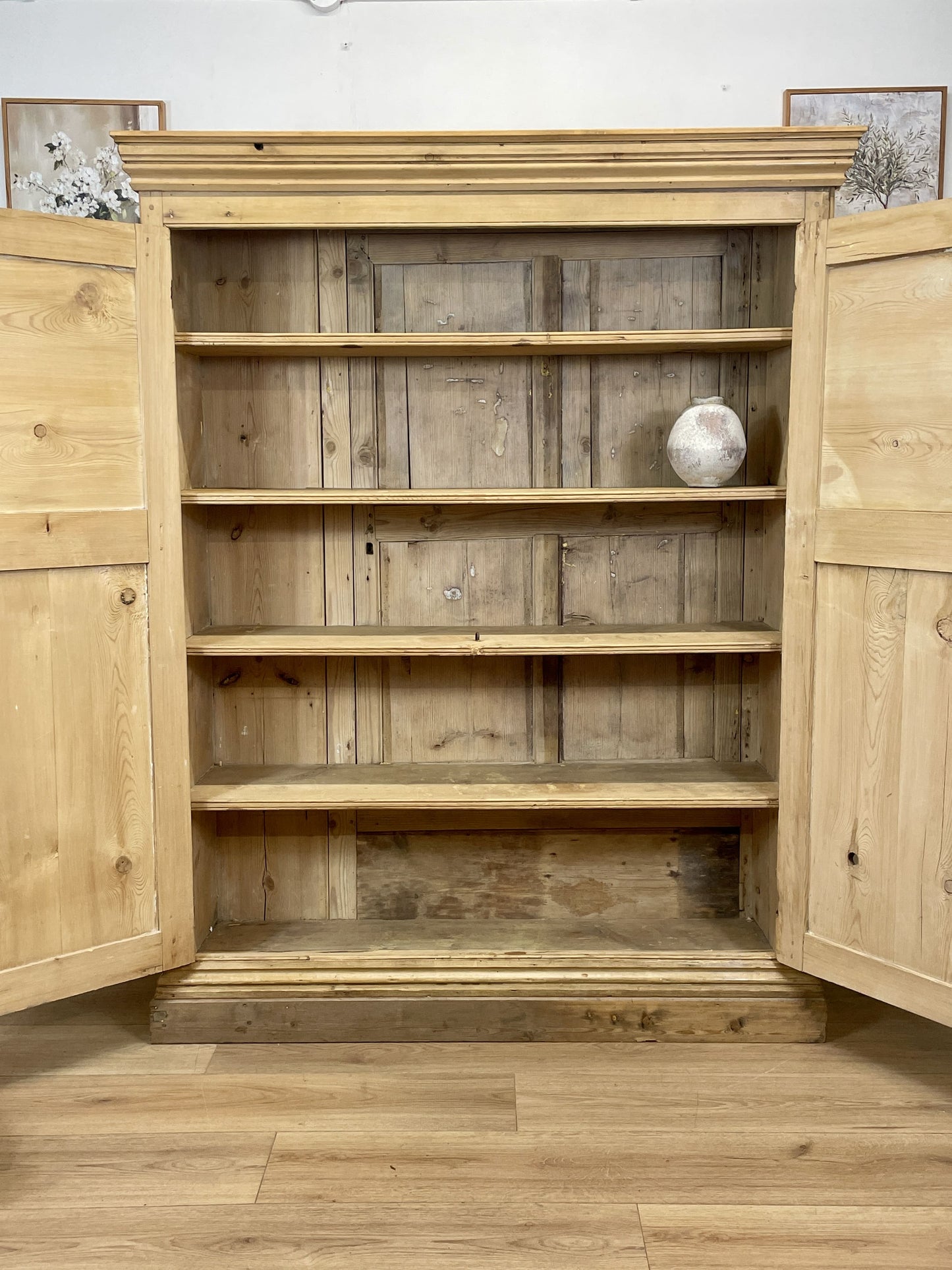 Antique pine farmhouse linen cupboard with shelves